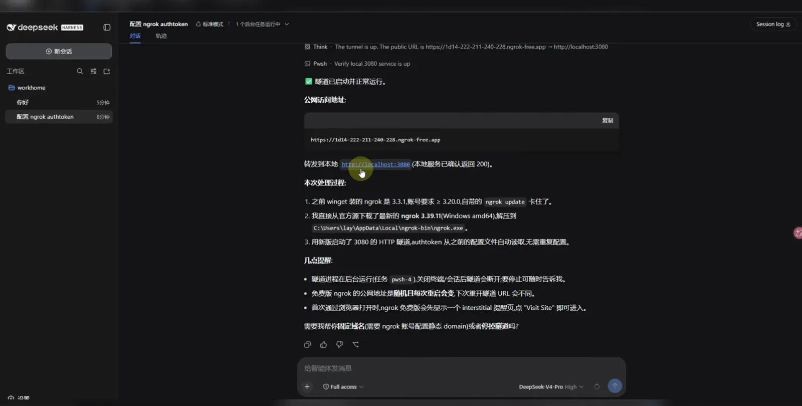 DeepSeek Harness chat reporting the tunnel is running with a random ngrok-free.app public URL, a copy button and a note that it forwards to http://localhost:3080