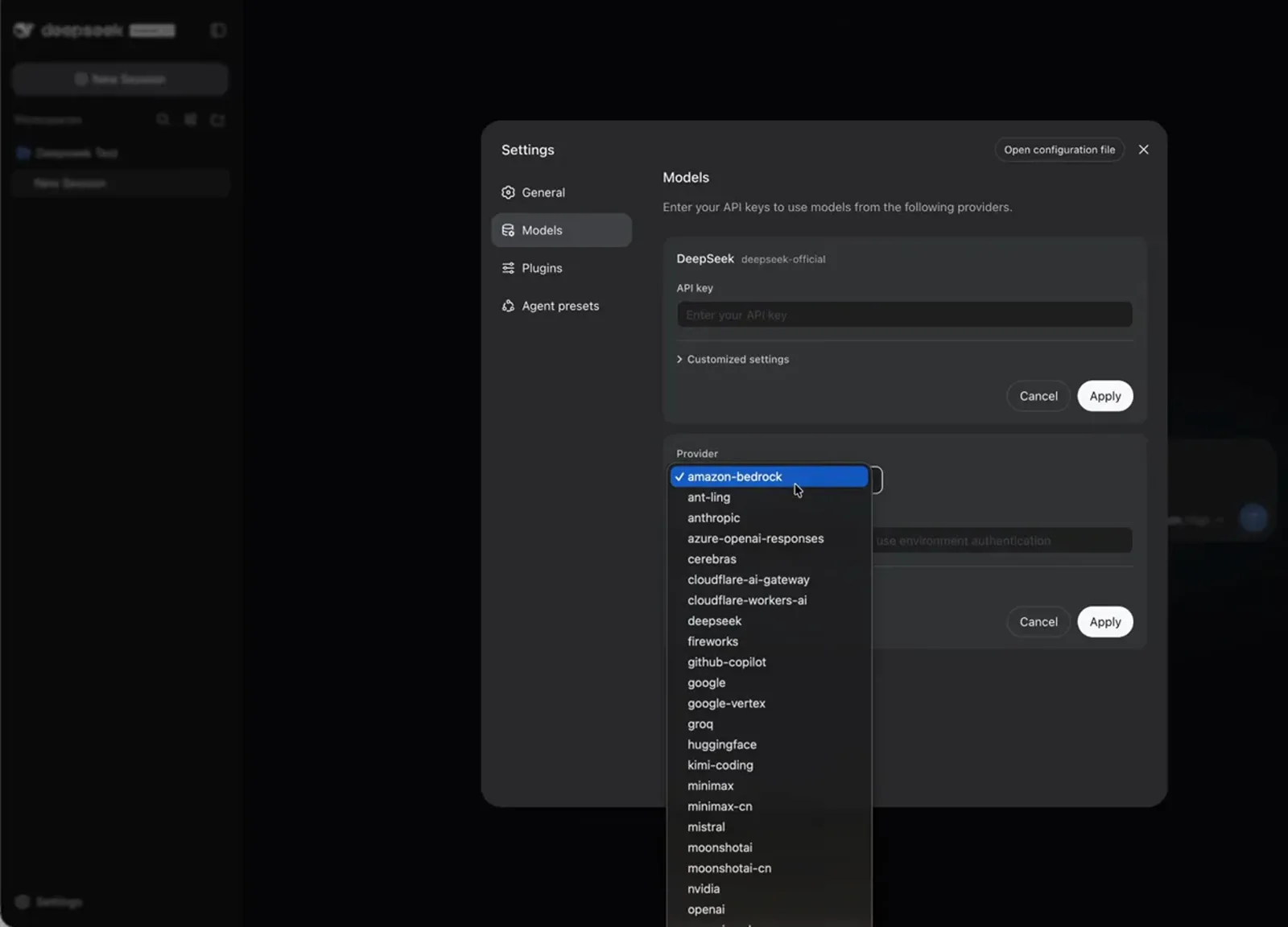 DeepSeek Harness Settings Models tab with the Add provider dropdown open, listing amazon-bedrock, cerebras, google, groq, minimax, moonshotai and openrouter DeepSeek Harness Settings Models tab with the Add provider dropdown open, listing amazon-bedrock, cerebras, google, groq, minimax, moonshotai and openrouter
