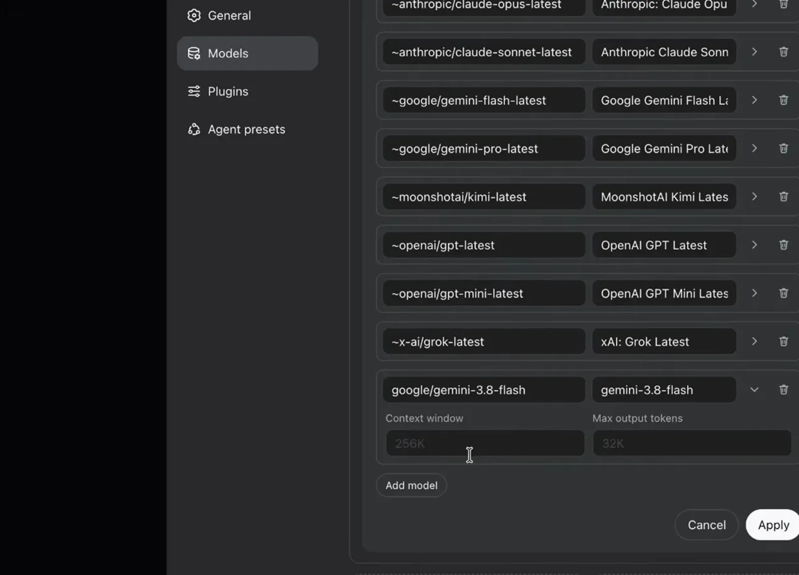 DeepSeek Harness custom model row holding the slug google/gemini-3.8-flash and the display name gemini-3.8-flash, with Context window and Max output tokens fields below DeepSeek Harness custom model row holding the slug google/gemini-3.8-flash and the display name gemini-3.8-flash, with Context window and Max output tokens fields below