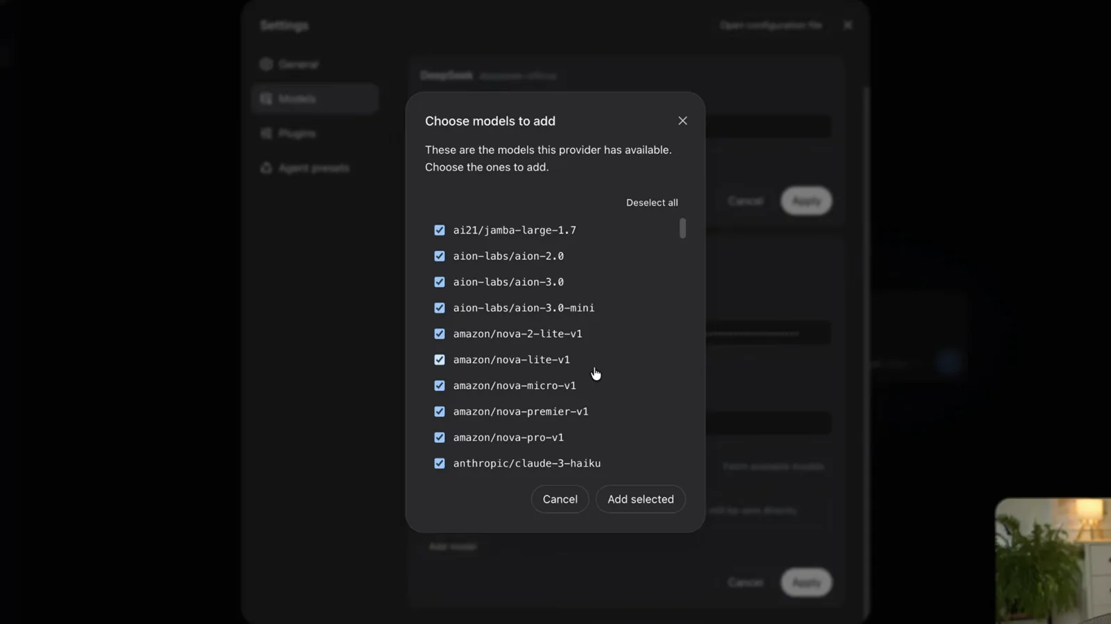 Choose models to add dialog in DeepSeek Harness listing OpenRouter model slugs with checkboxes, a Deselect all link and an Add selected button Choose models to add dialog in DeepSeek Harness listing OpenRouter model slugs with checkboxes, a Deselect all link and an Add selected button