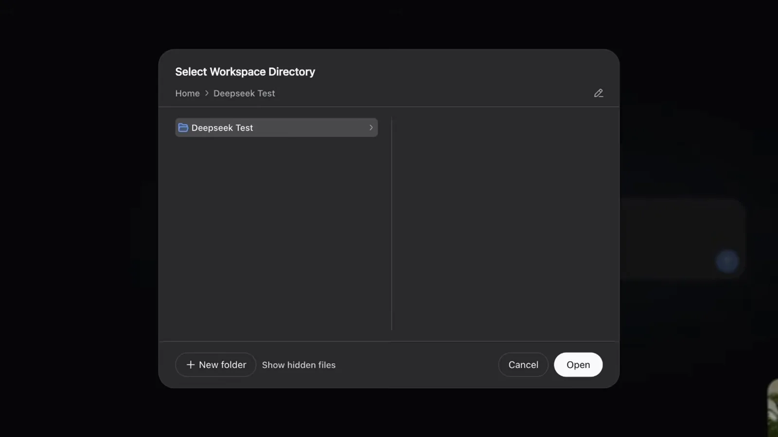 Select Workspace Directory dialog in the DeepSeek Harness web UI, browsing the server home folder with a New folder button for creating a workspace Select Workspace Directory dialog in the DeepSeek Harness web UI, browsing the server home folder with a New folder button for creating a workspace