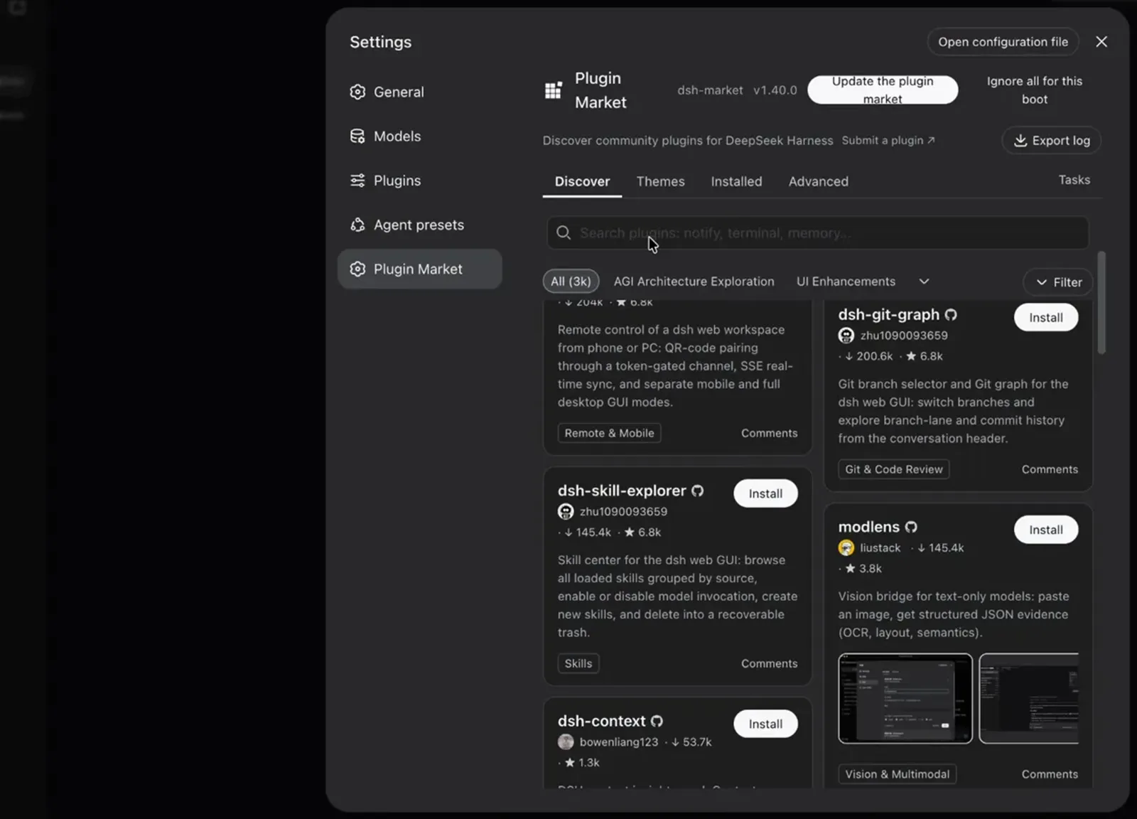 DeepSeek Harness Plugin Market inside Settings with Discover, Themes and Installed tabs and Install buttons on community plugins such as dsh-git-graph and dsh-skill-explorer DeepSeek Harness Plugin Market inside Settings with Discover, Themes and Installed tabs and Install buttons on community plugins such as dsh-git-graph and dsh-skill-explorer