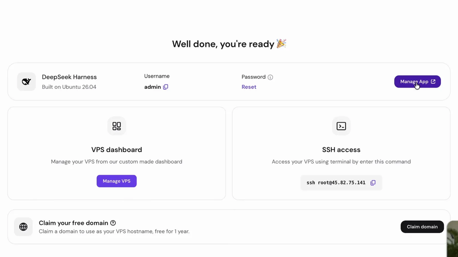 DeepSeek Harness hosting panel after a one-click deploy, showing the app card with the admin username, a Manage App button and the ssh root command used to reach the server DeepSeek Harness hosting panel after a one-click deploy, showing the app card with the admin username, a Manage App button and the ssh root command used to reach the server