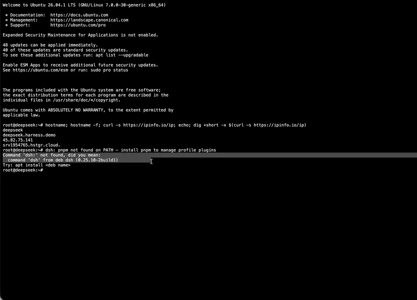 Browser terminal on a DeepSeek Harness server printing Command dsh not found, the step that makes you install pnpm before adding plugins Browser terminal on a DeepSeek Harness server printing Command dsh not found, the step that makes you install pnpm before adding plugins