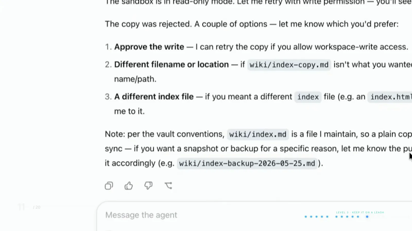 A reopened DSH session scrolled back, its agent explaining a rejected file copy and offering options under Approval.
