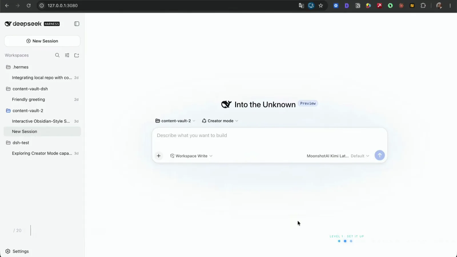 DeepSeek Harness home: the sidebar lists past sessions under workspaces like hermes, each with a 2d or 3d timestamp.