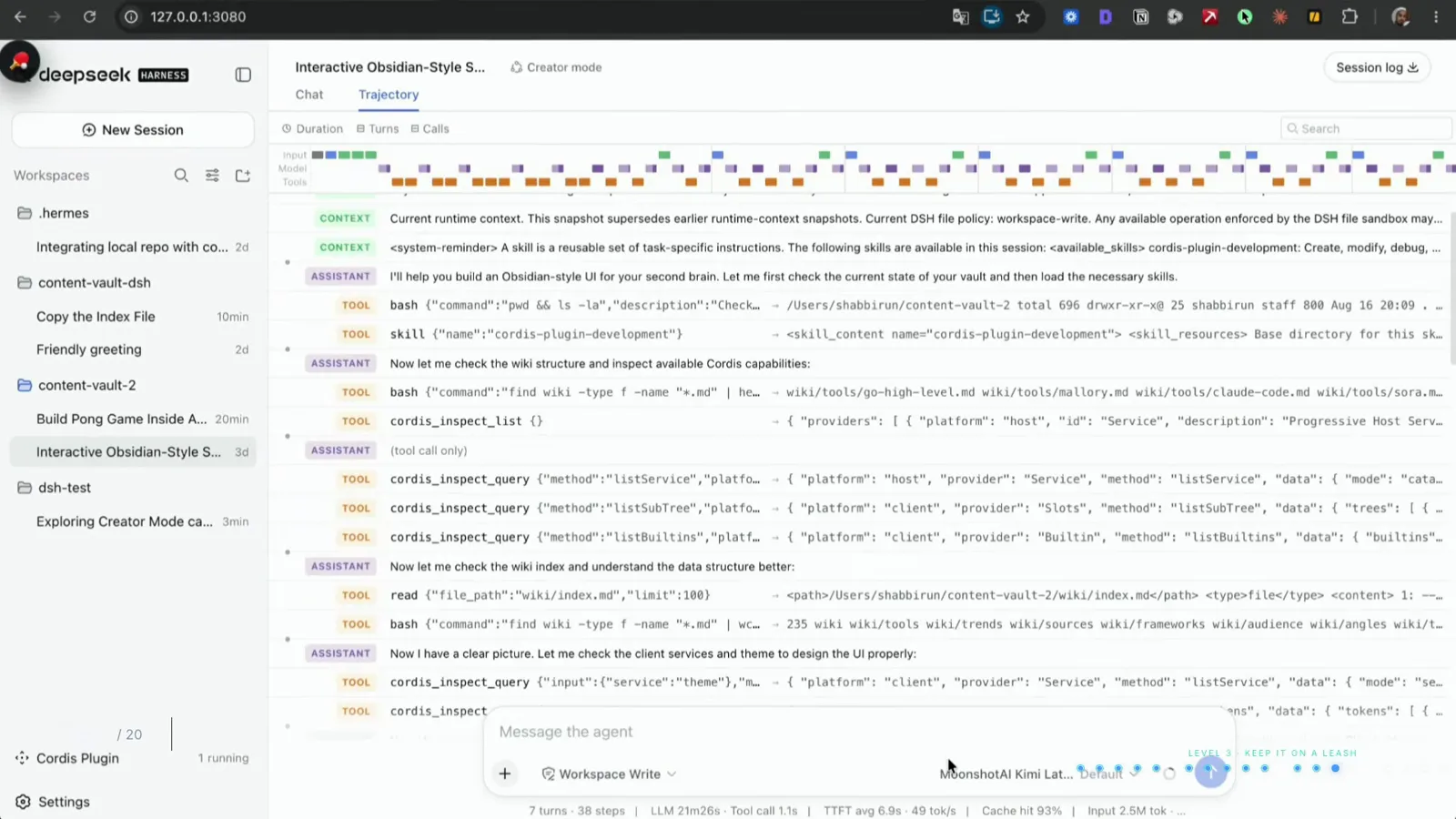 DSH Trajectory tab: color-coded rows plus a status bar reading 7 turns, 38 steps, LLM 21m26s, 49 tok/s, 93% cache.
