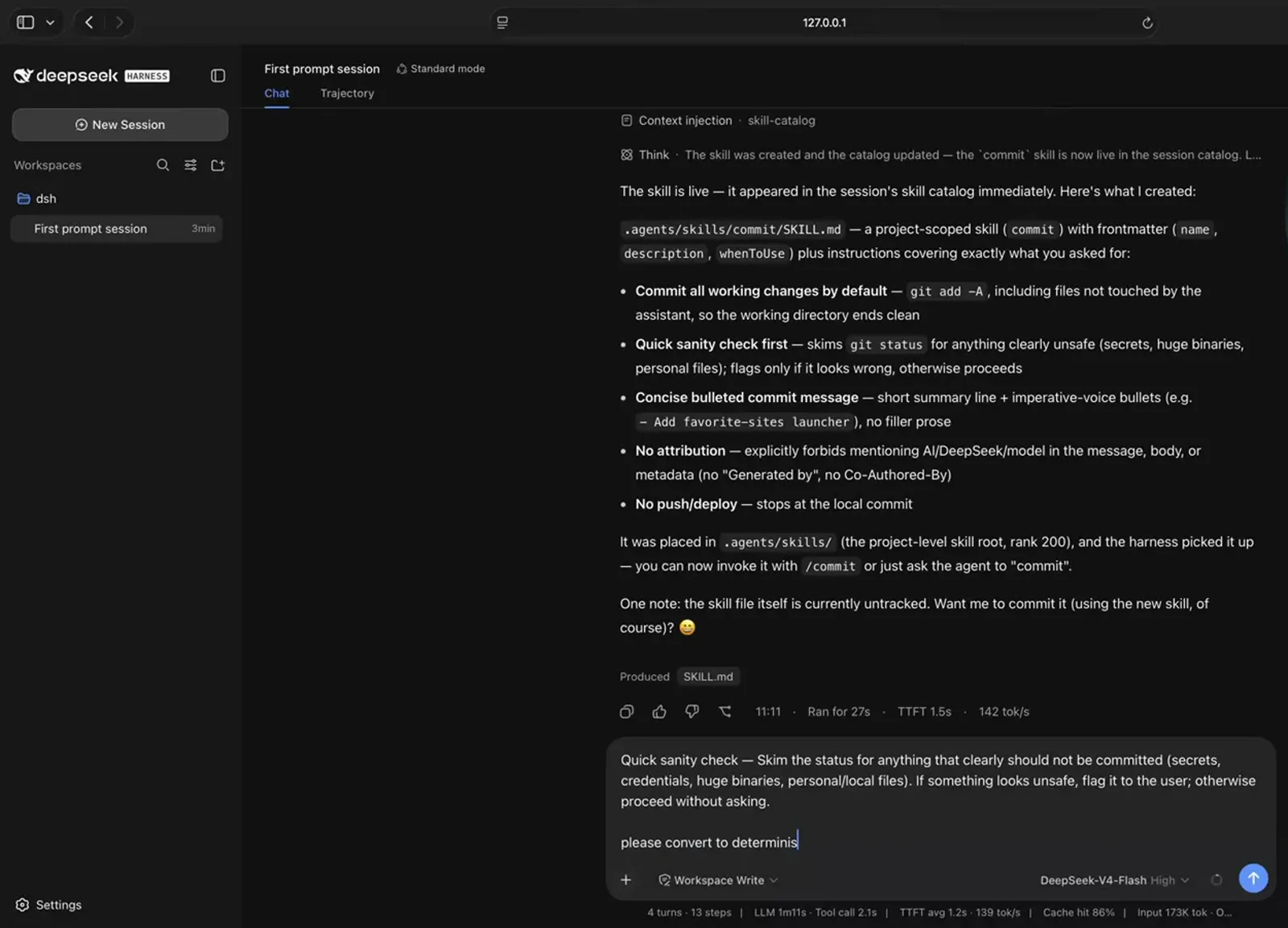 DeepSeek Harness composer holding a request to convert a skill's sanity-check step to a deterministic script, with the original English step quoted above it