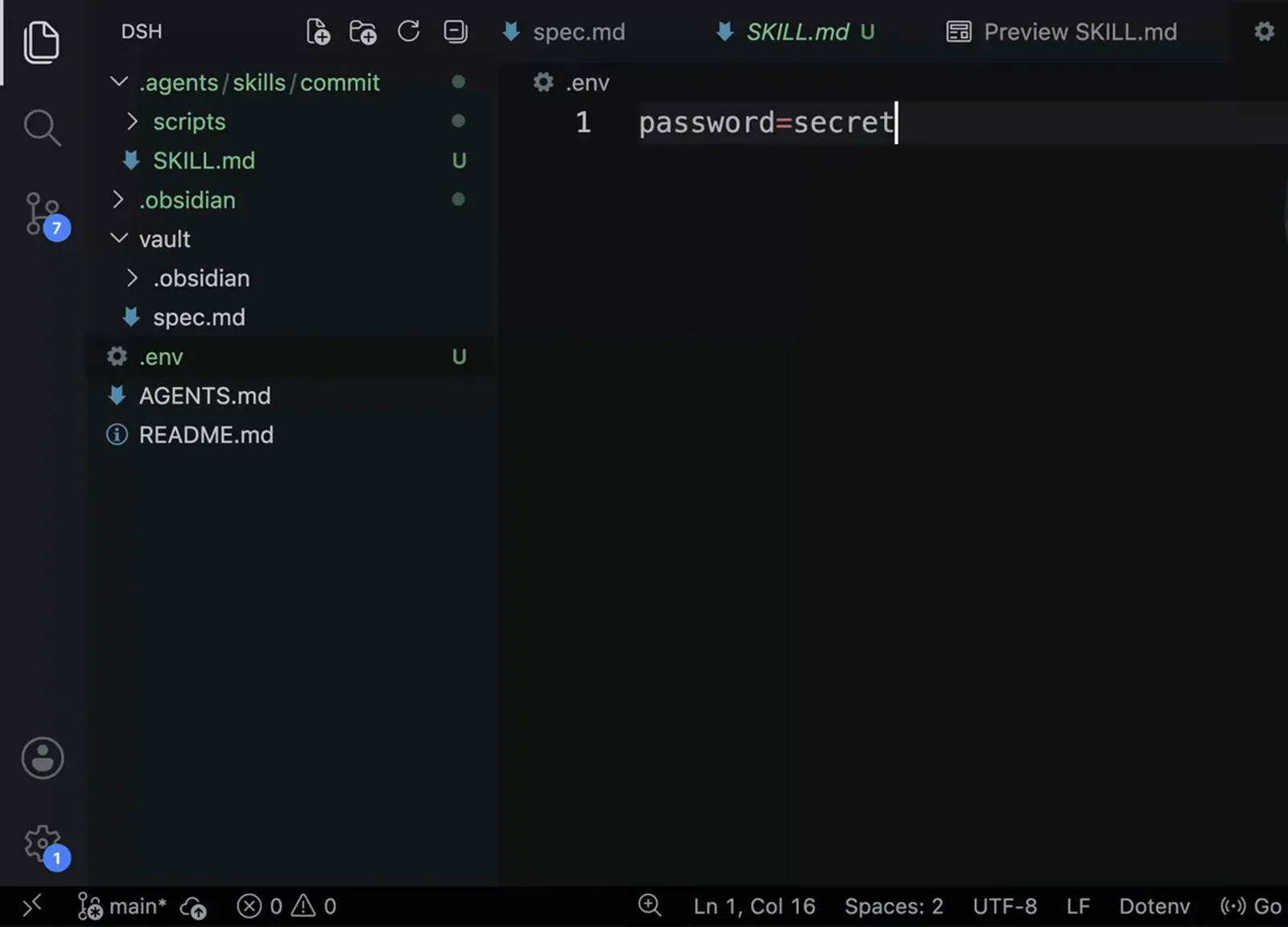 New .env file open in the DeepSeek Harness editor with a fake password on line one, listed in the tree next to the commit skill's scripts folder