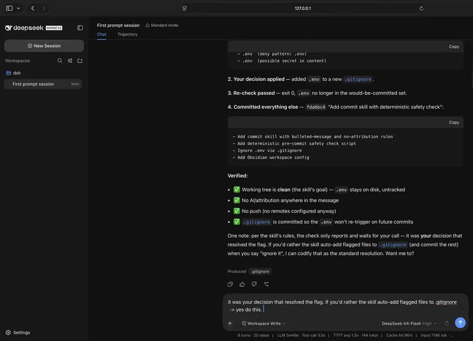 Reply typed into a DeepSeek Harness session asking the agent to codify auto-ignoring flagged files as the commit skill's standard resolution