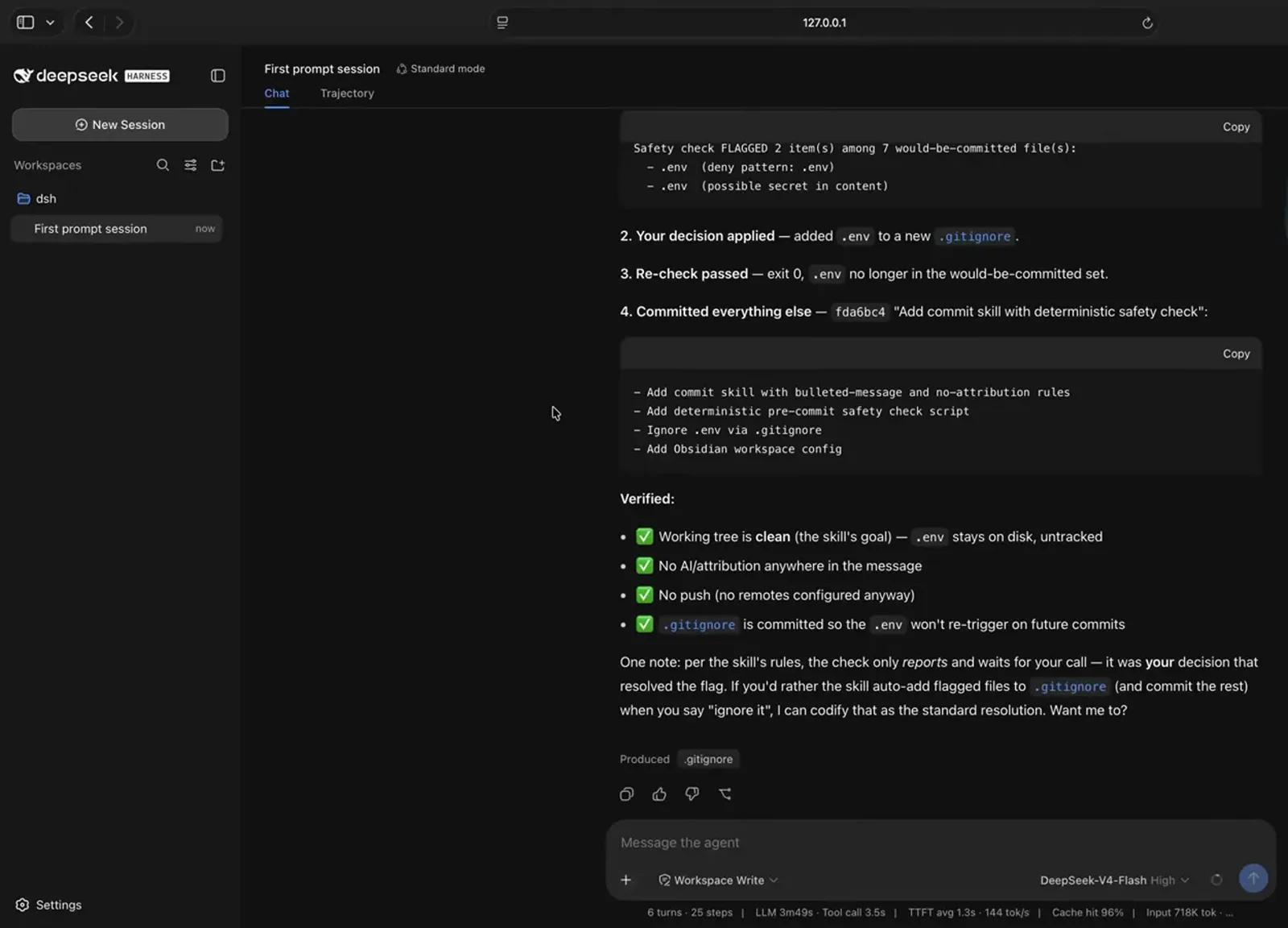 DeepSeek Harness session output where a commit skill's safety check flags a planted .env twice and the resulting commit message lists four bullets with no AI attribution
