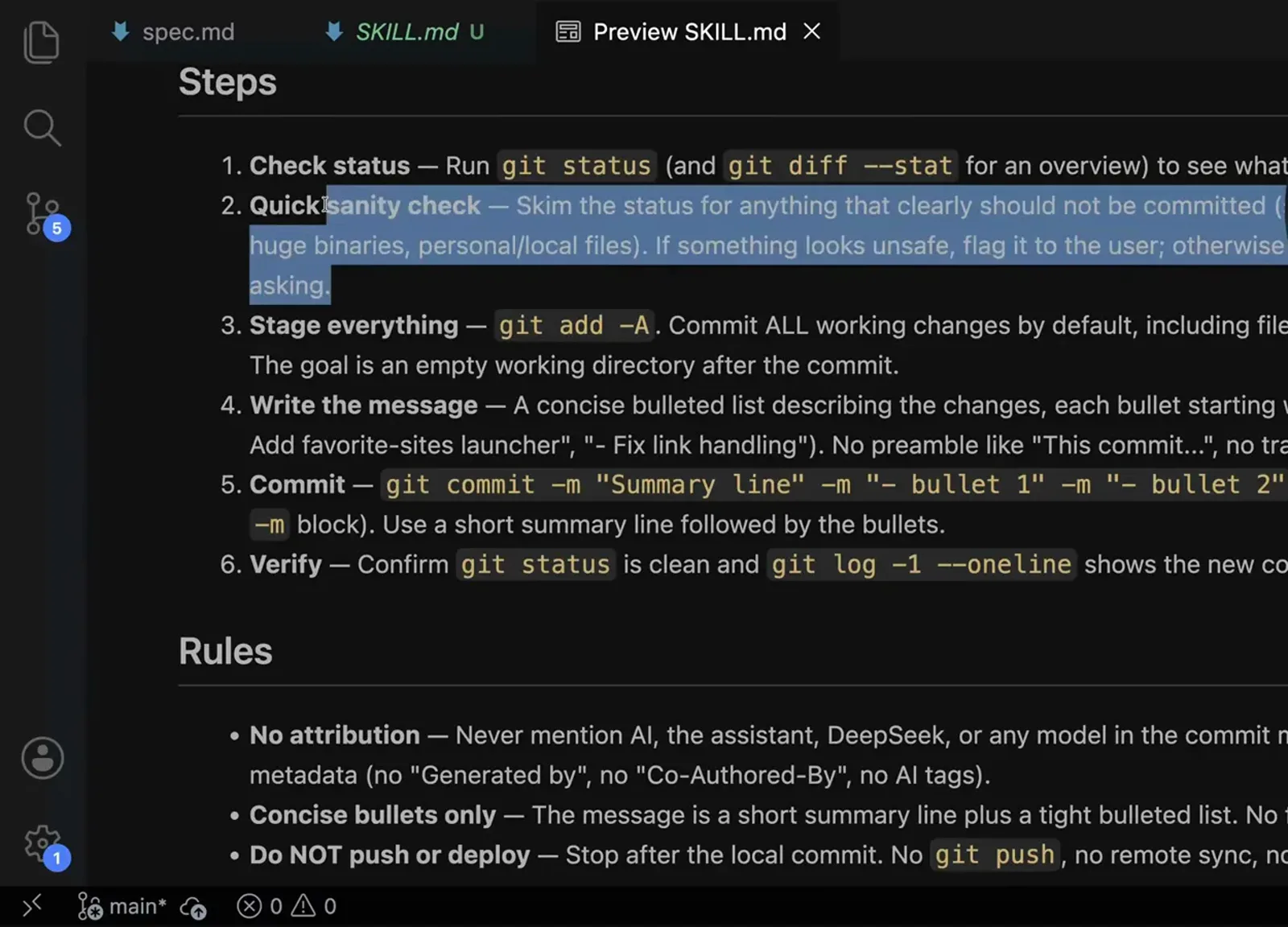 DeepSeek Harness SKILL.md preview with the second step of a generated commit skill highlighted, the step that tells the model to skim git status and judge what looks unsafe