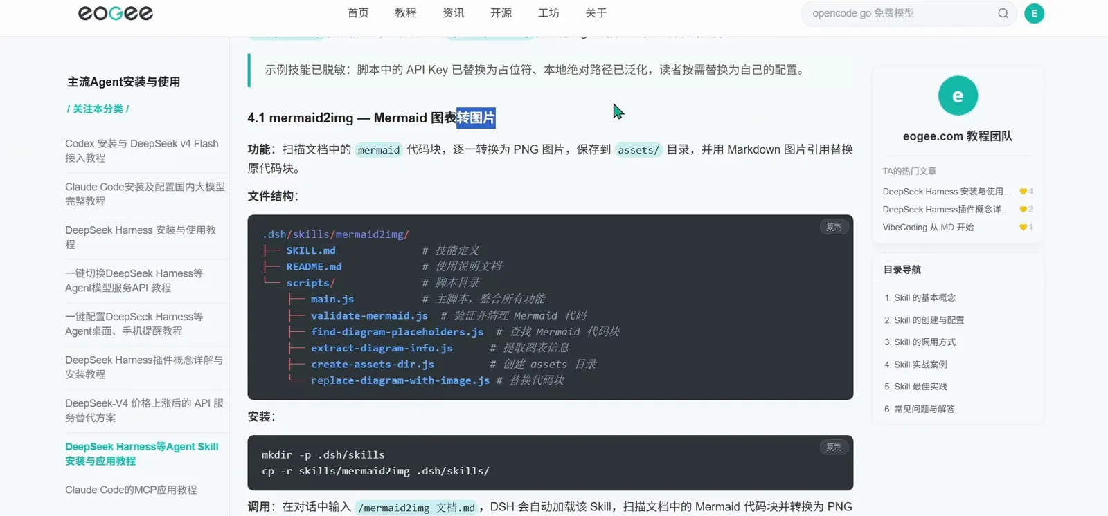 mermaid2img skill page showing its scripts folder and the two-line install that copies it into .dsh/skills before invoking /mermaid2img