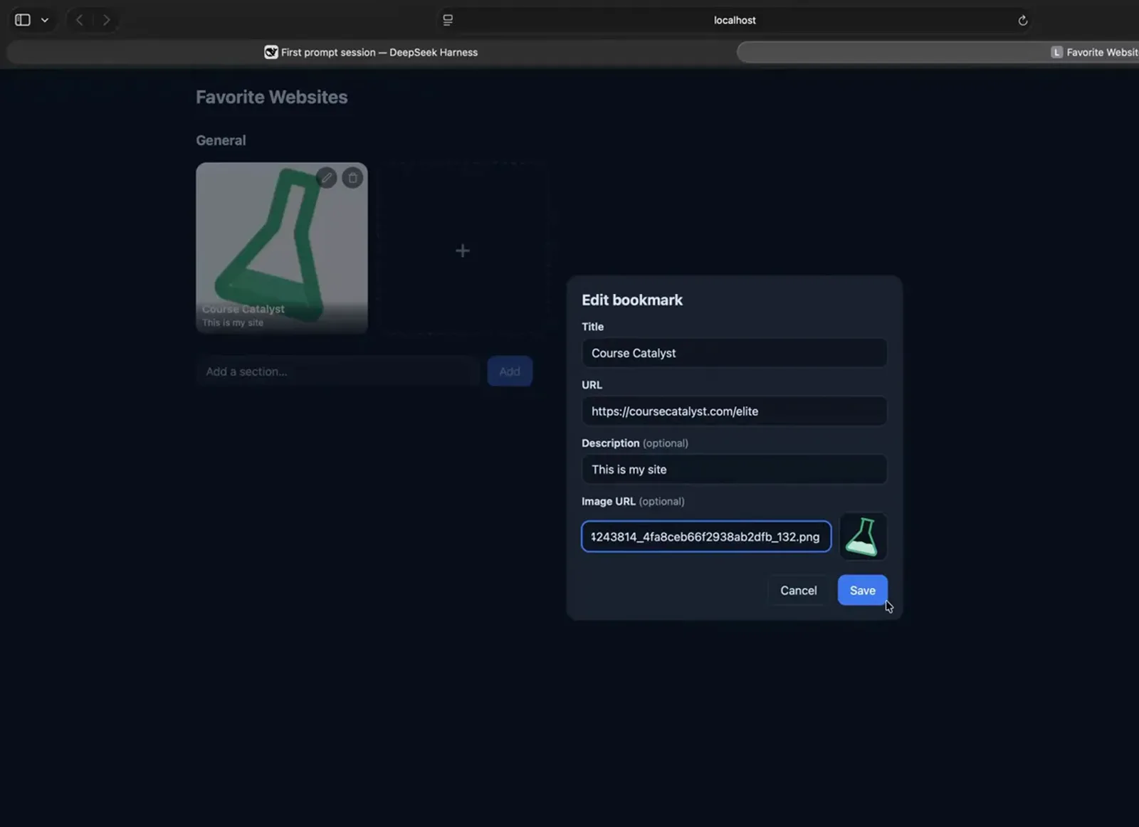 The DSH subagent team built a Favorite Websites app, shown with a bookmark card and the Edit bookmark modal open. The DSH subagent team built a Favorite Websites app, shown with a bookmark card and the Edit bookmark modal open.