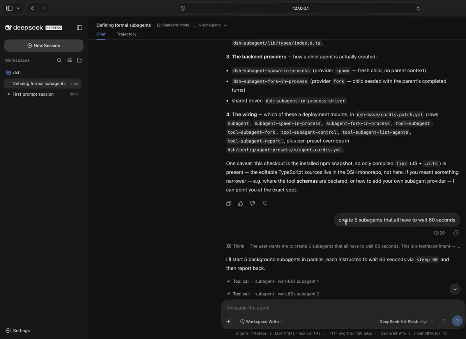 DeepSeek Harness explains subagent wiring below the prompt create 5 subagents that all have to wait 60 seconds. DeepSeek Harness explains subagent wiring below the prompt create 5 subagents that all have to wait 60 seconds.