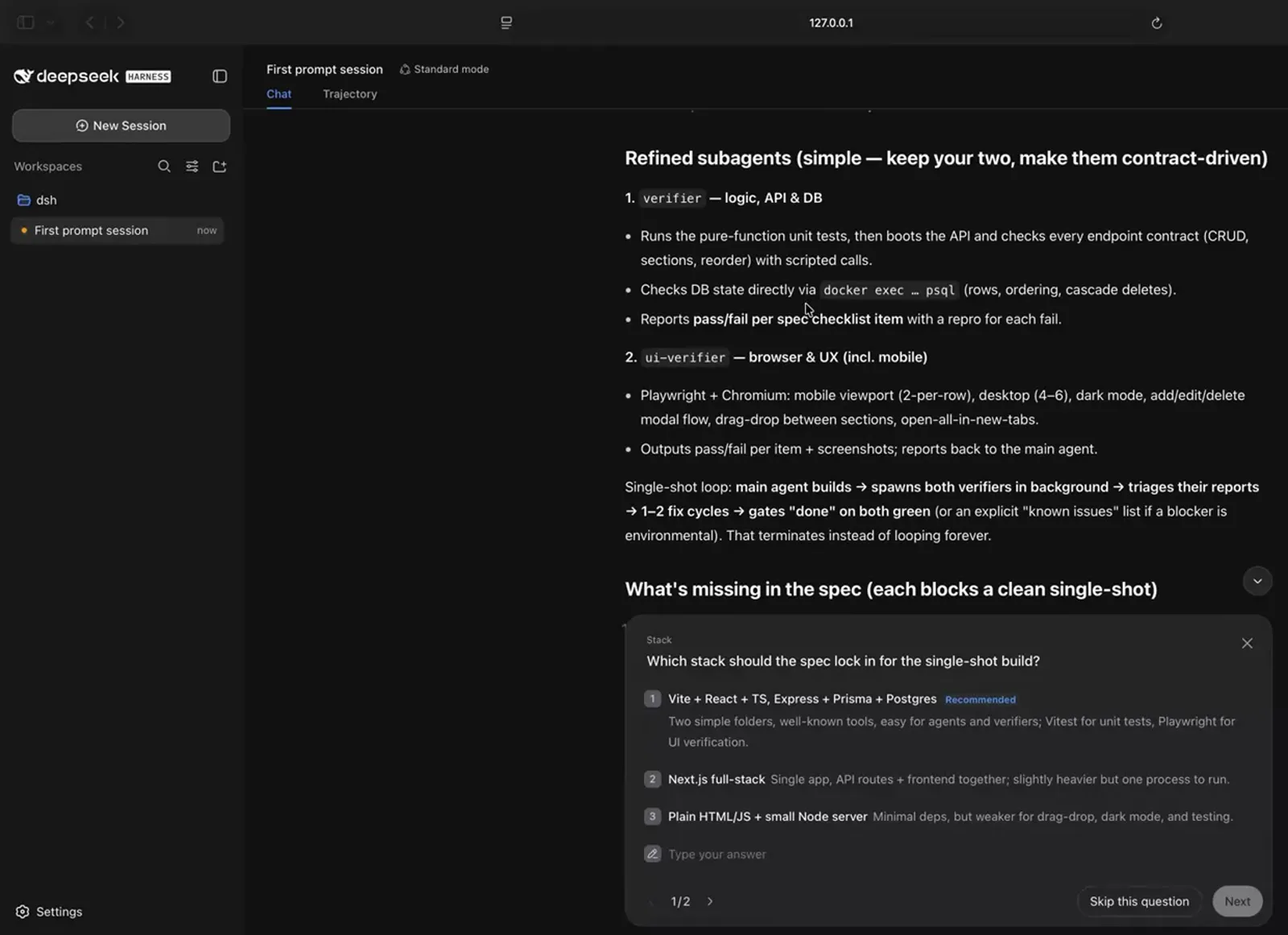 DeepSeek Harness lists contract-driven subagents — test, API, psql, Playwright verifiers — above a question card. DeepSeek Harness lists contract-driven subagents — test, API, psql, Playwright verifiers — above a question card.