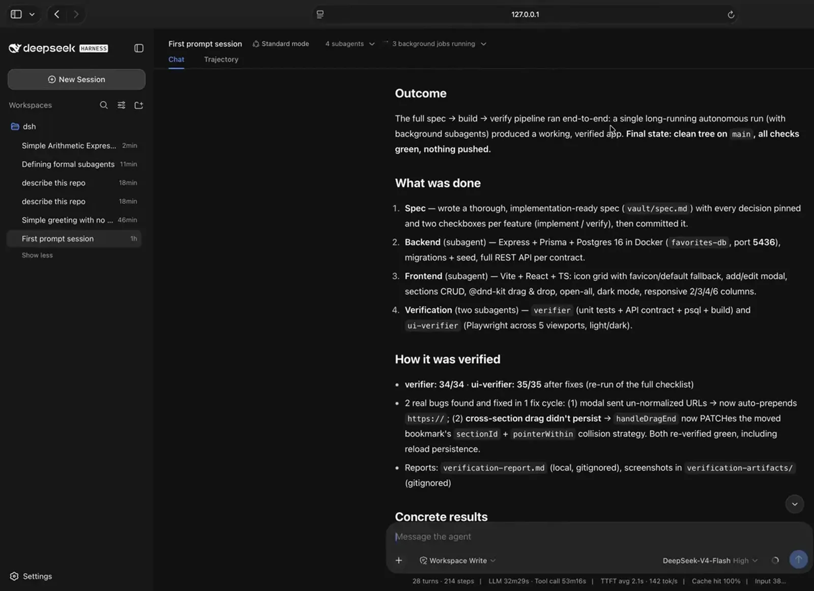 DeepSeek Harness summary lists the spec, backend, frontend and verifier subagents and how every step was verified. DeepSeek Harness summary lists the spec, backend, frontend and verifier subagents and how every step was verified.