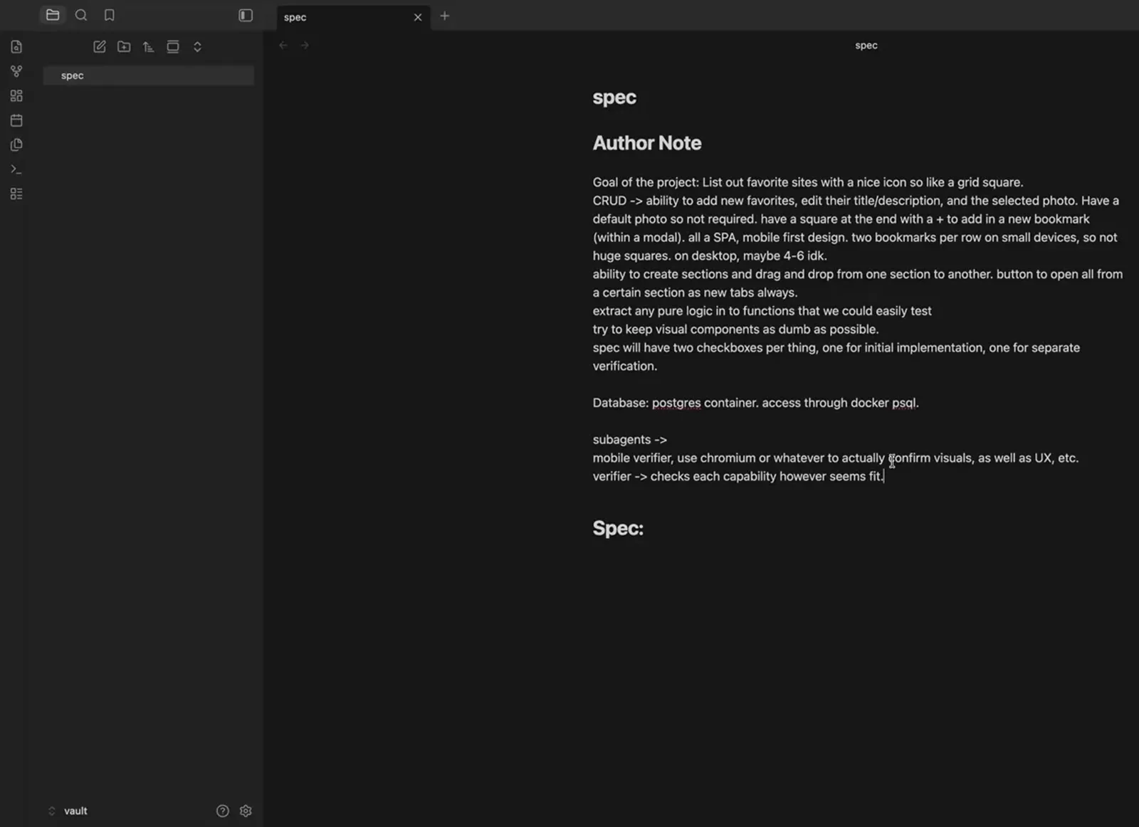 Obsidian edits vault/spec.md in DSH, the subagents section listing a Chromium mobile verifier and a capability verifier. Obsidian edits vault/spec.md in DSH, the subagents section listing a Chromium mobile verifier and a capability verifier.
