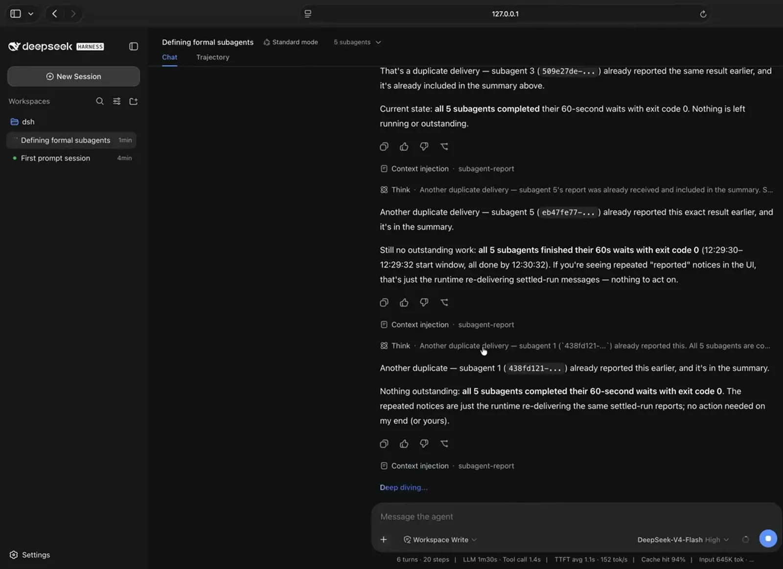 DeepSeek Harness confirms all 5 subagents finished their 60-second waits, exit code 0, with report context injections. DeepSeek Harness confirms all 5 subagents finished their 60-second waits, exit code 0, with report context injections.