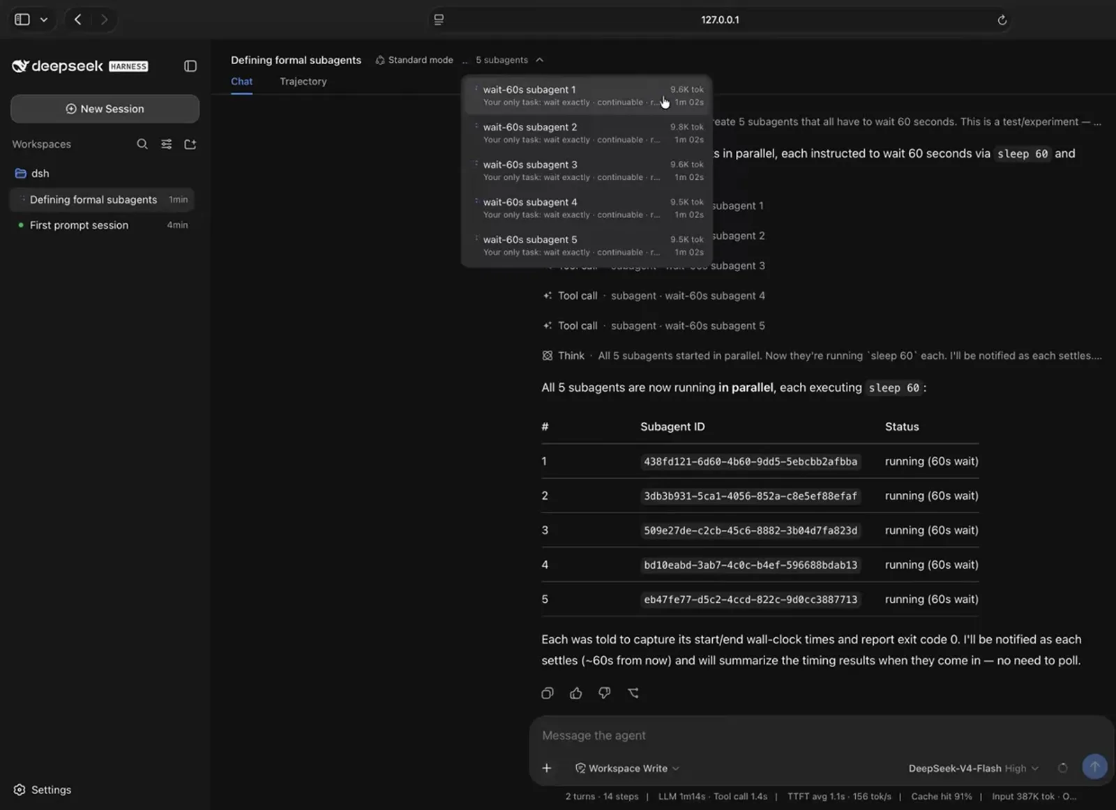 Subagent dropdown in the DSH session header listing five wait-60s subagents, each near 9.6K tok and 1m 02s elapsed. Subagent dropdown in the DSH session header listing five wait-60s subagents, each near 9.6K tok and 1m 02s elapsed.
