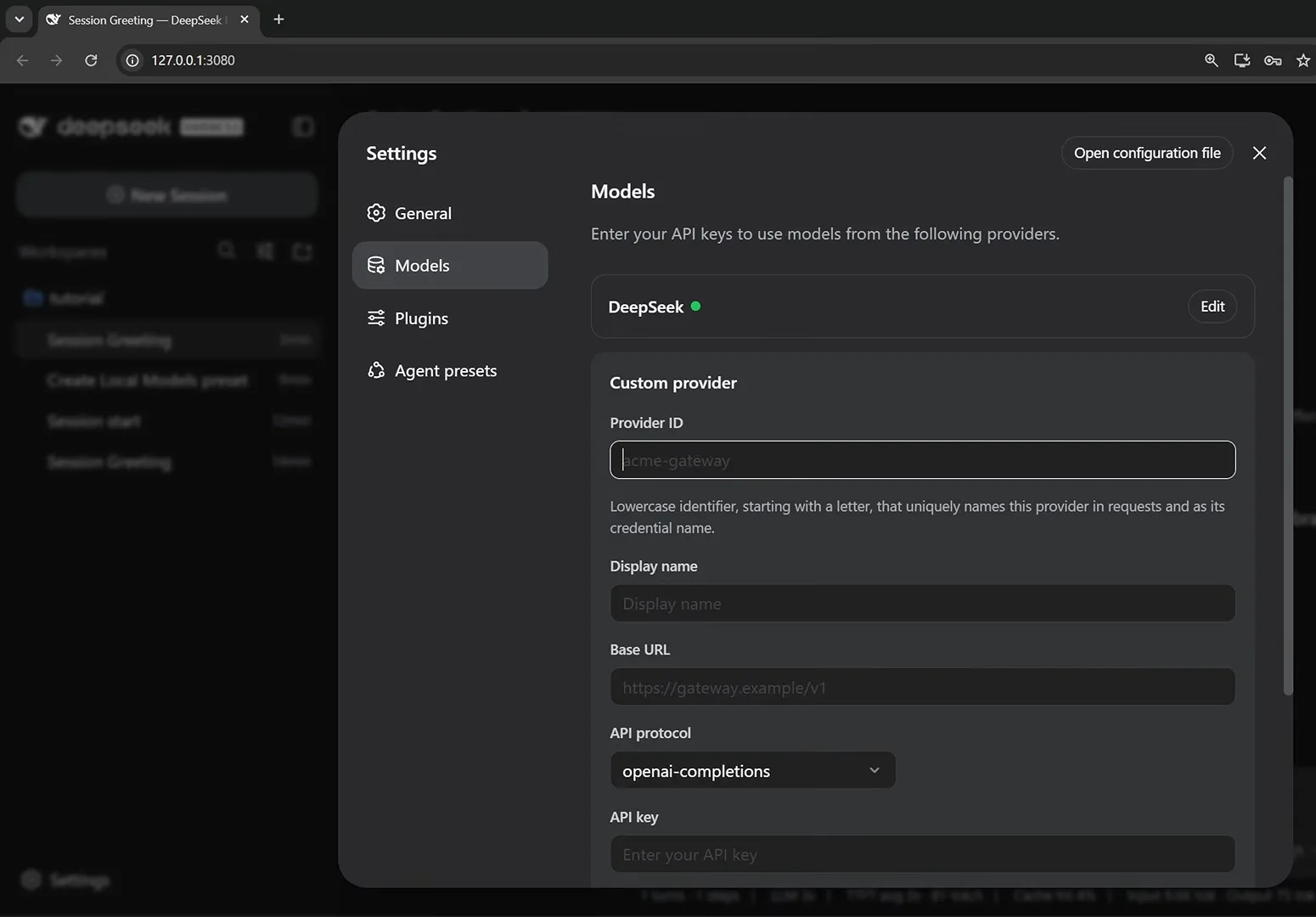 Empty DeepSeek Harness custom provider form with the Provider ID, Display name, Base URL, API protocol and API key fields stacked under the connected DeepSeek entry.