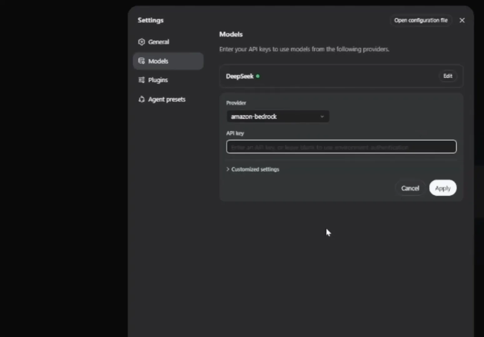 DeepSeek Harness add-provider card with amazon-bedrock selected in the Provider dropdown and an empty API key field waiting for pasted credentials.