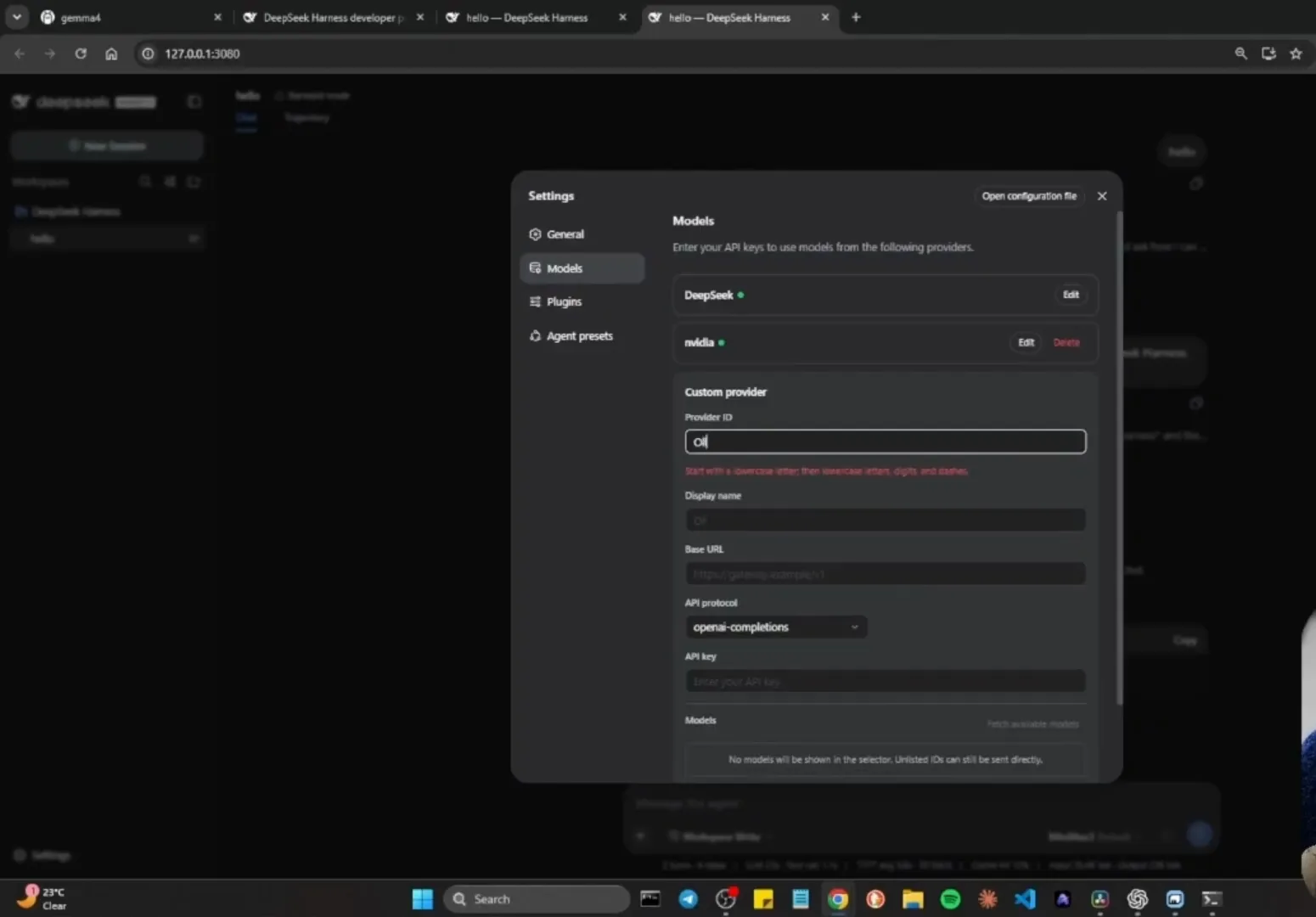 DeepSeek Harness rejecting the provider ID "oll" with a red start-with-a-lowercase-letter validation message while nvidia and DeepSeek stay connected above the form.