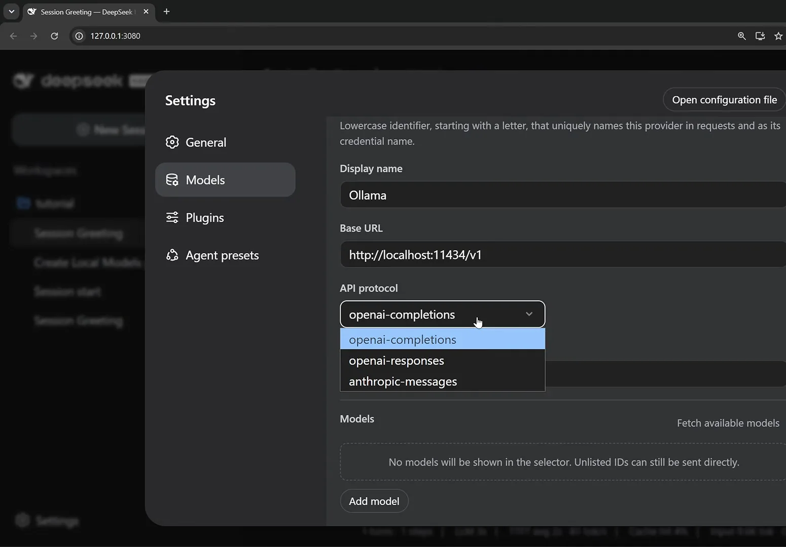 Ollama custom provider in DeepSeek Harness with the Base URL http://localhost:11434/v1 and the API protocol dropdown open on openai-completions, openai-responses and anthropic-messages.