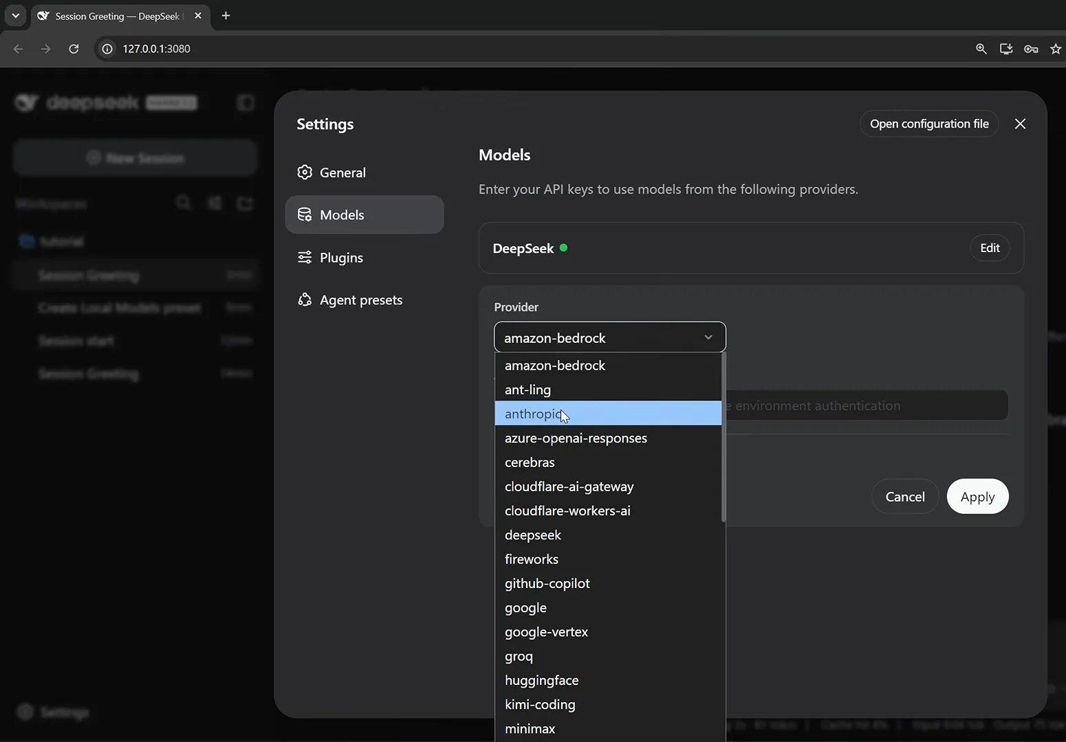 DeepSeek Harness Settings → Models panel with the Provider dropdown expanded, listing built-in options from amazon-bedrock and anthropic down to kimi-coding and minimax while the connected DeepSeek entry shows a green dot.