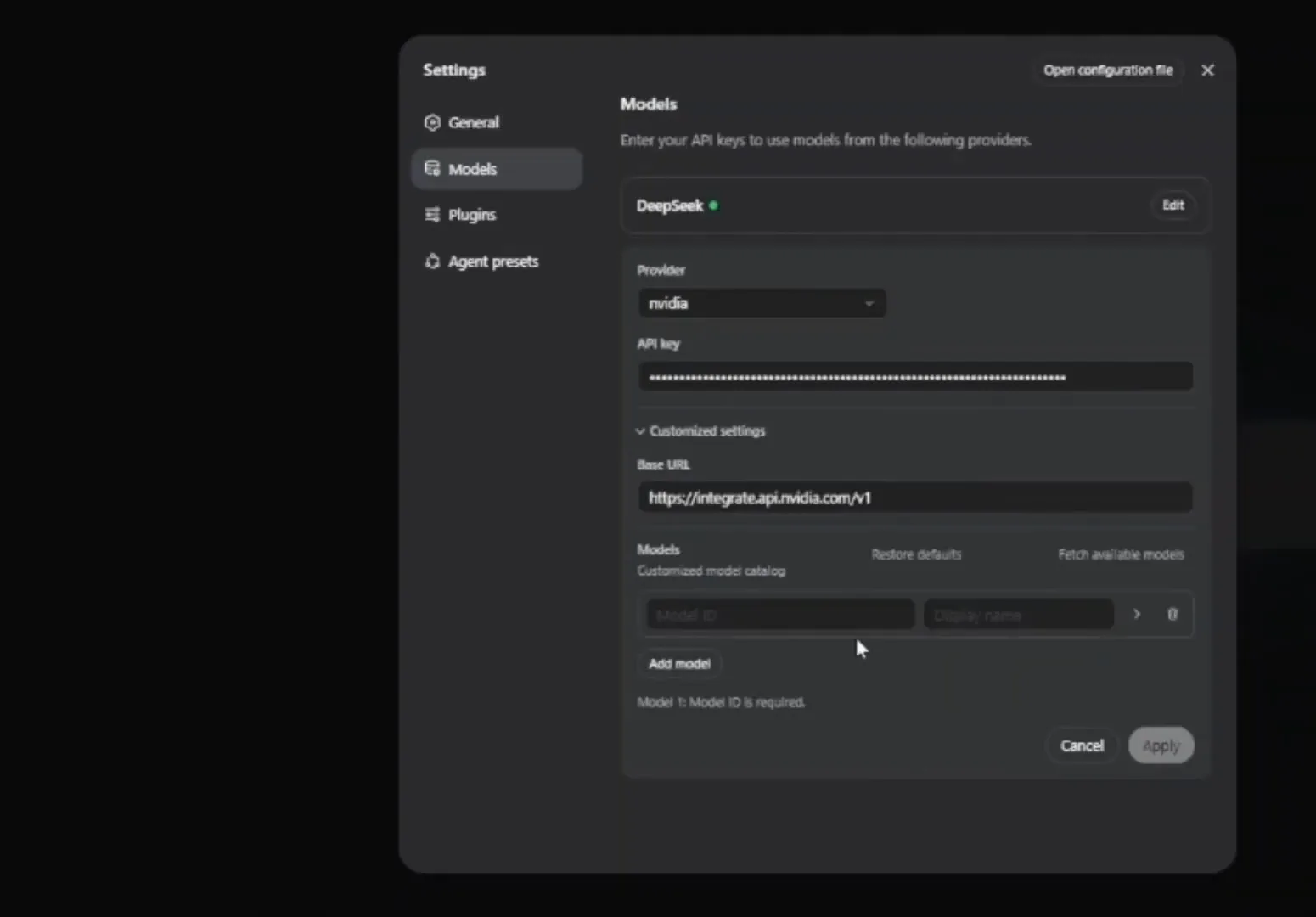 NVIDIA provider settings in DeepSeek Harness with the Base URL set to https://integrate.api.nvidia.com/v1 and the customized model catalog below ready for its first entry.