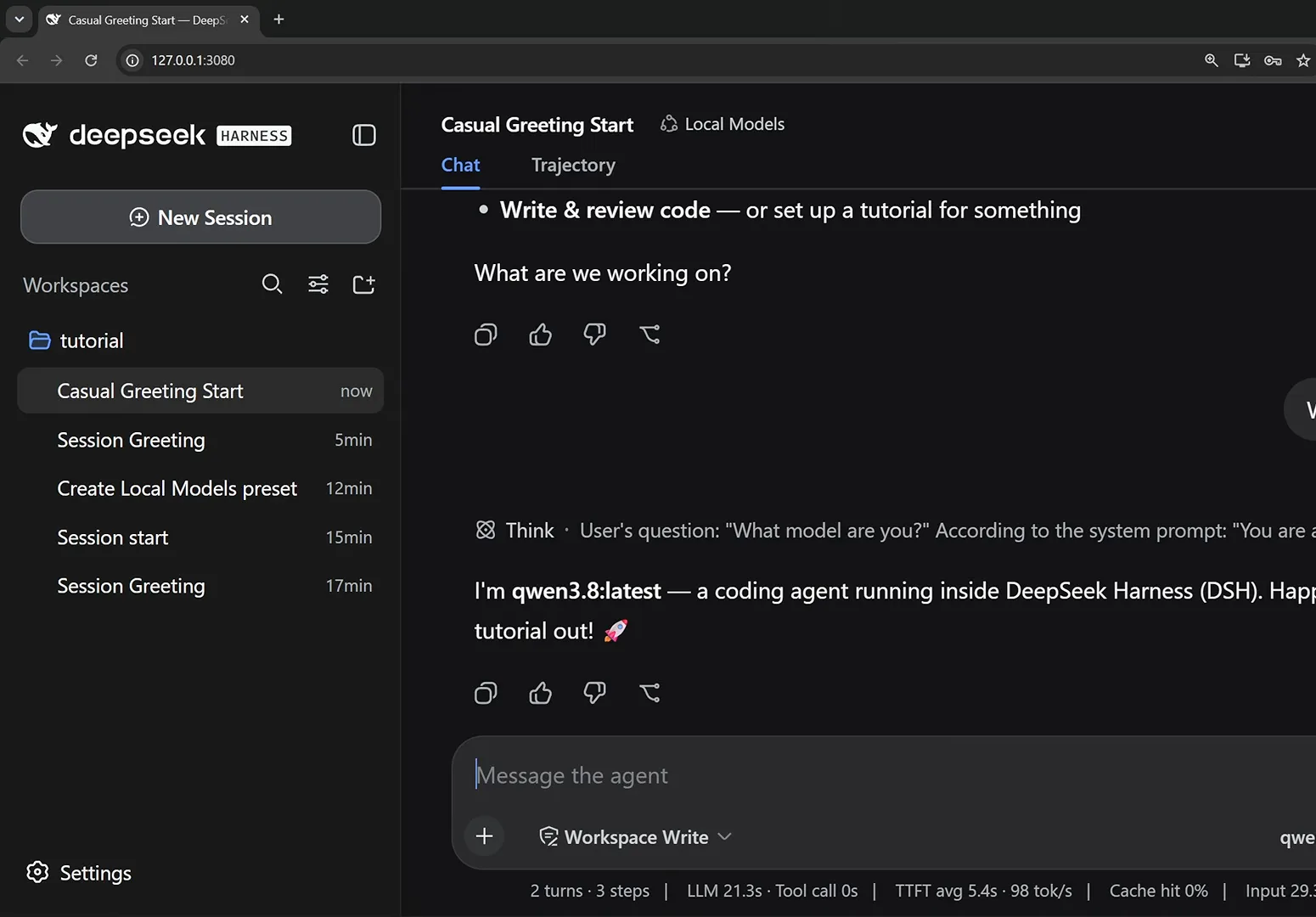 DeepSeek Harness chat where the local model answers "I'm qwen3.8:latest — a coding agent running inside DeepSeek Harness (DSH)", confirming the switch worked.