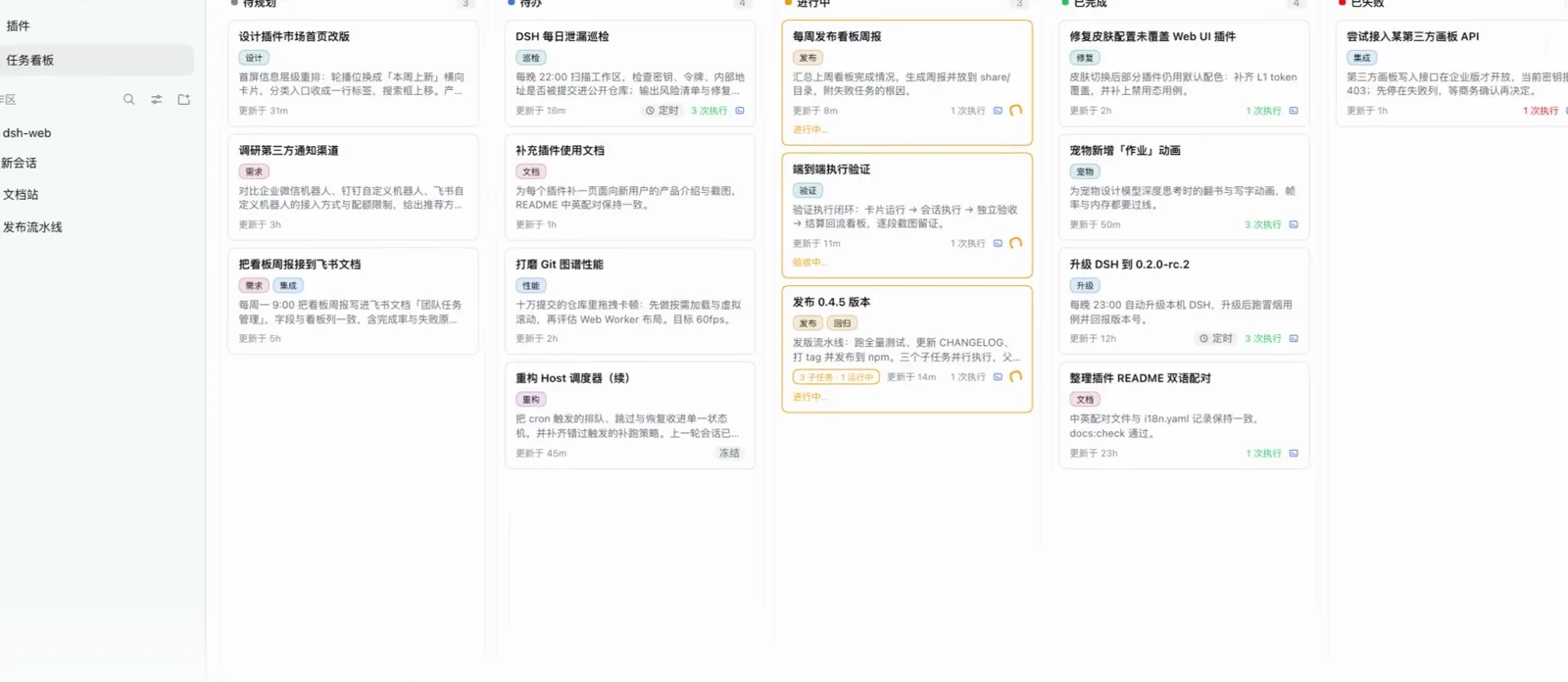 SolitudeLin's five-column task board for DeepSeek Harness with To Plan, To Do, In Progress, Done and Failed lanes, colored tag filters and a nightly 22:00 leak-patrol card marked scheduled with 3 runs.