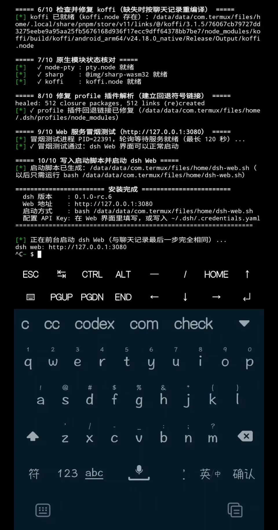 The ten-step installer's closing screen: koffi, node-pty and sharp marked ready, a web smoke test passed, and the 安装完成 summary printing http://127.0.0.1:3080.