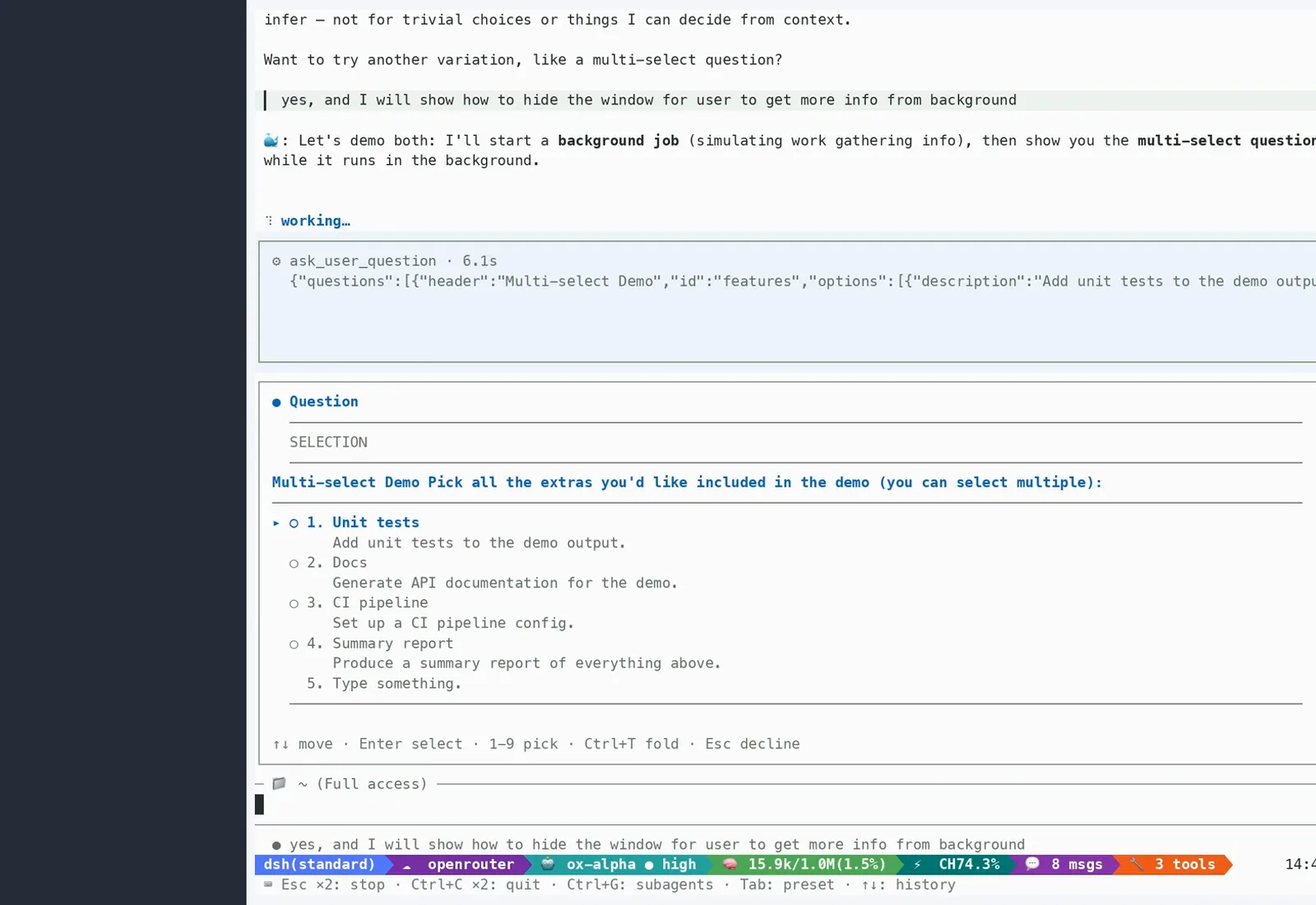 dsh-tui ask_user_question panel in DeepSeek Harness showing a multi-select demo question while a background job keeps working