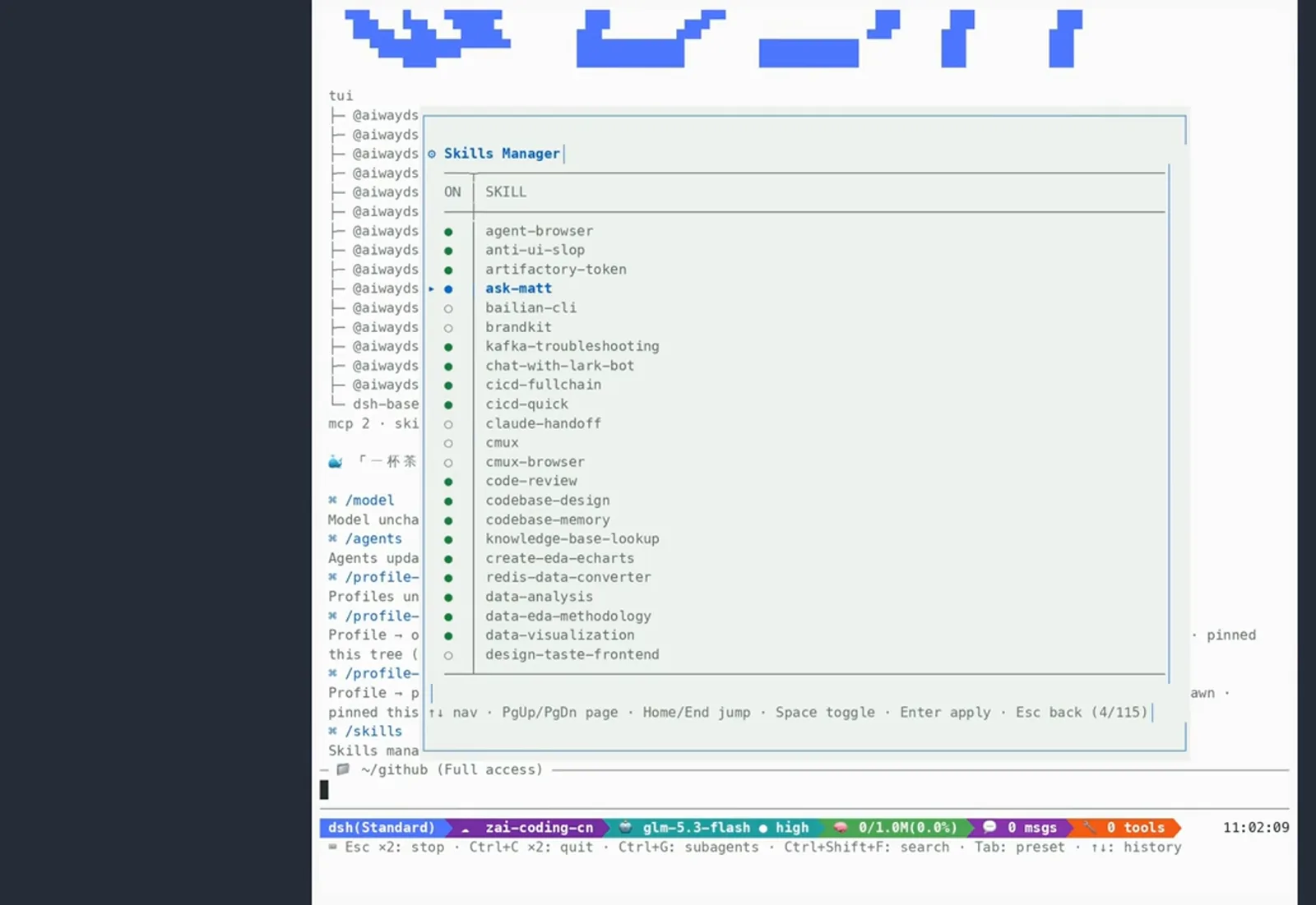 dsh-tui Skills Manager panel in DeepSeek Harness with green enabled dots, ask-matt selected and the 4/115 pager footer