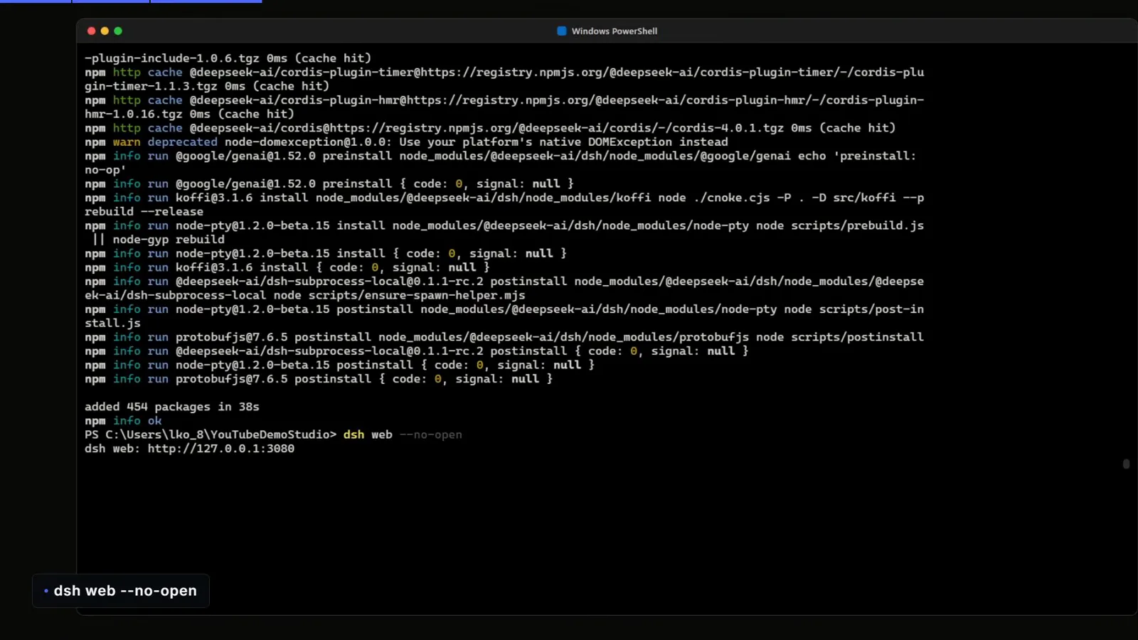 Windows PowerShell has just finished npm install -g @deepseek-ai/dsh, adding 284 packages, and dsh web now serves 127.0.0.1:3080. Windows PowerShell has just finished npm install -g @deepseek-ai/dsh, adding 284 packages, and dsh web now serves 127.0.0.1:3080.