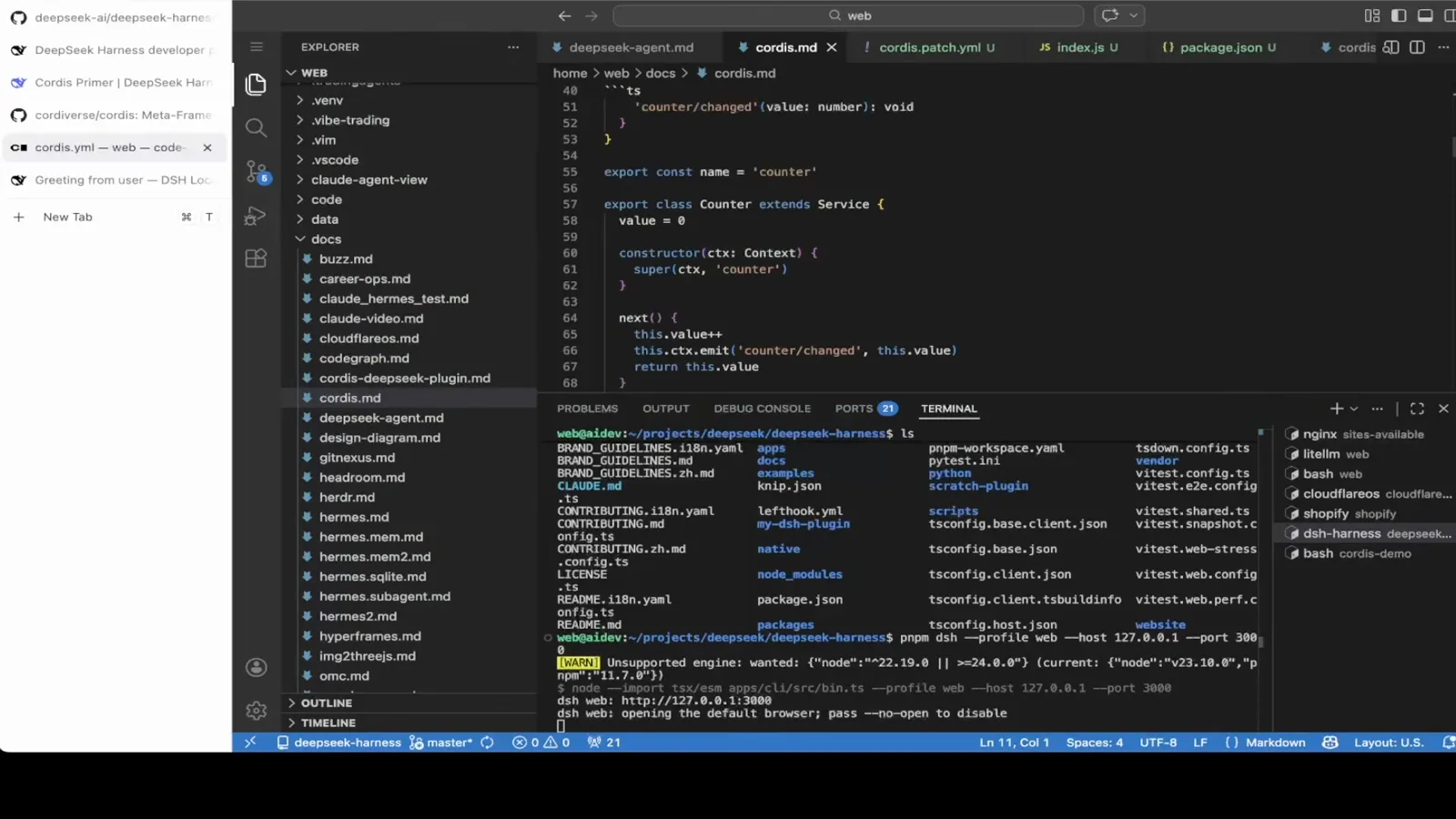 VS Code lists the hand-added my-dsh-plugin folder inside a DeepSeek Harness project while a terminal runs the harness on port 3000. VS Code lists the hand-added my-dsh-plugin folder inside a DeepSeek Harness project while a terminal runs the harness on port 3000.
