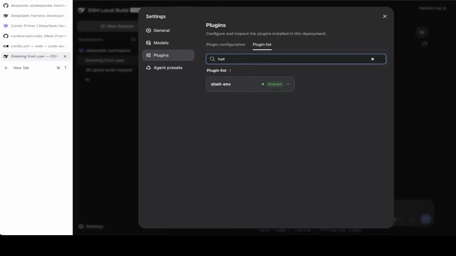 After the hello plugin is removed, the same hell query in the DeepSeek Harness web UI matches only the shell-env built-in. After the hello plugin is removed, the same hell query in the DeepSeek Harness web UI matches only the shell-env built-in.