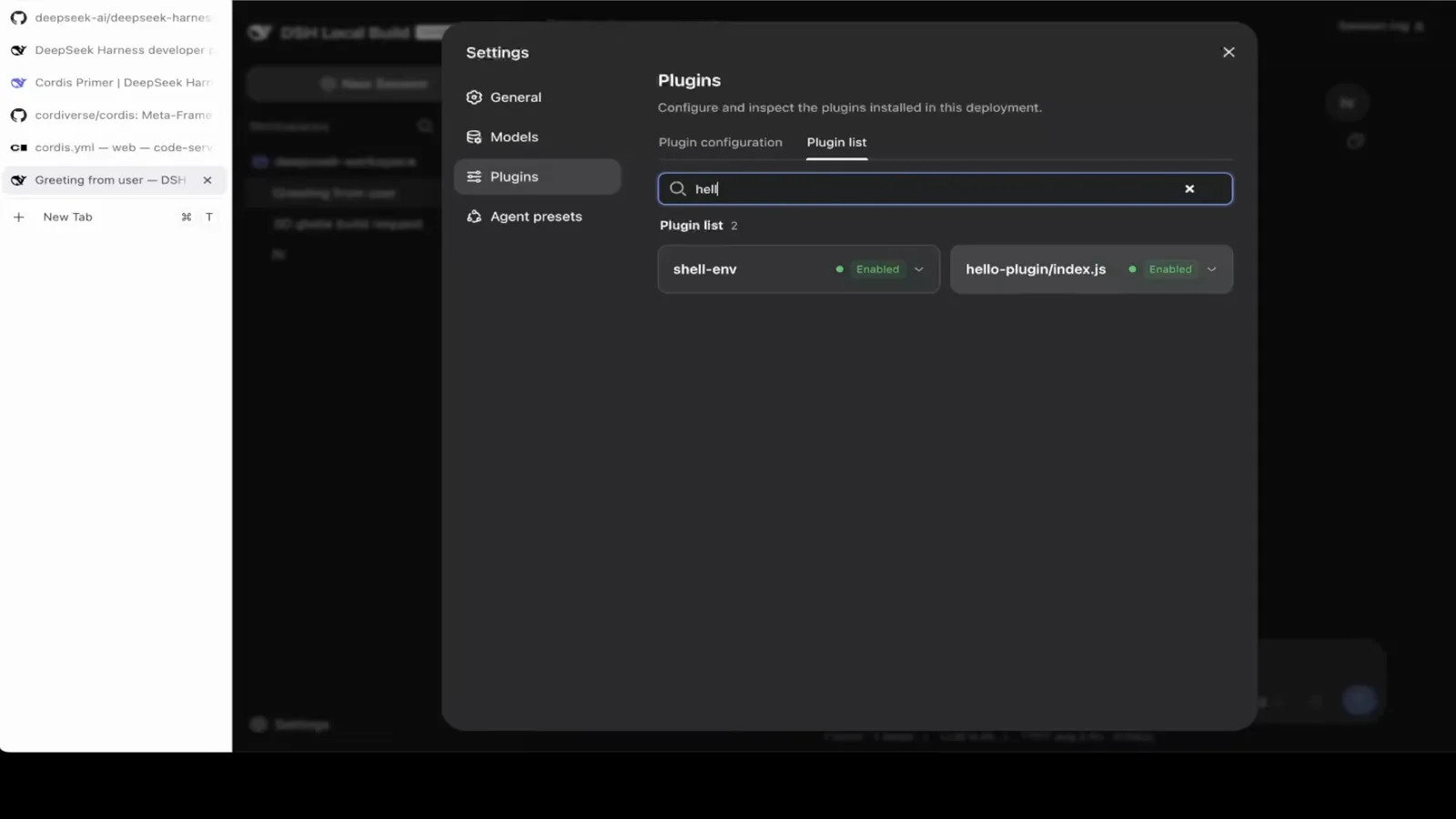 A search for hell in DeepSeek Harness Settings → Plugins returns the built-in shell-env plugin and the installed hello-plugin/index.js with its Enabled badge. A search for hell in DeepSeek Harness Settings → Plugins returns the built-in shell-env plugin and the installed hello-plugin/index.js with its Enabled badge.