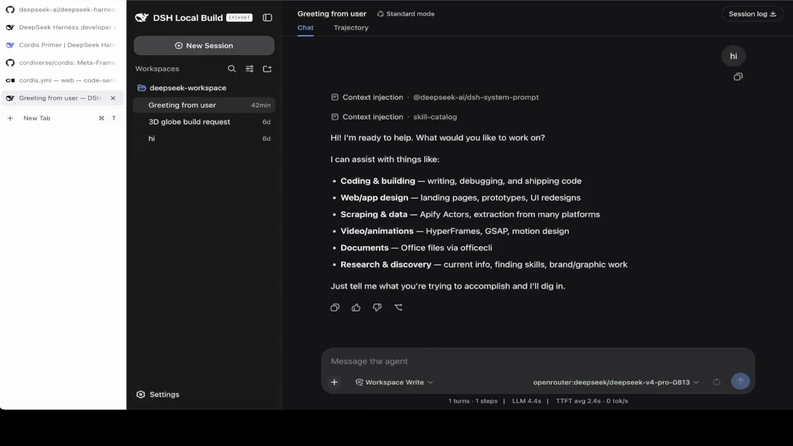 A running DeepSeek Harness dashboard shows deepseek-workspace session history and an openrouter deepseek model selector. A running DeepSeek Harness dashboard shows deepseek-workspace session history and an openrouter deepseek model selector.