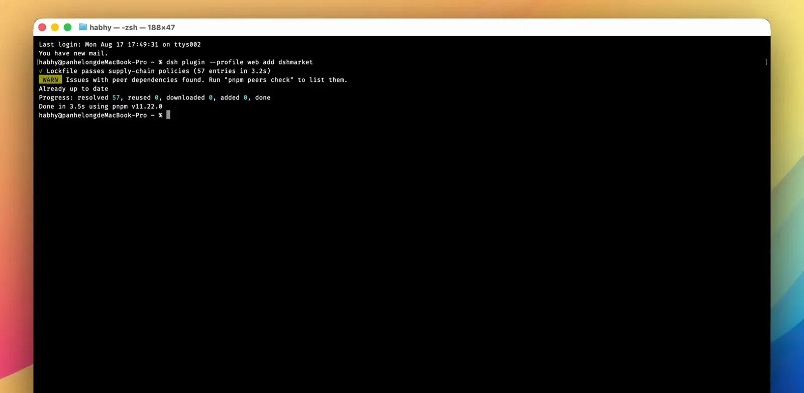 Terminal output of dsh plugin --profile web add dshmarket finishing with Already up to date and Done in 3.5s using pnpm Terminal output of dsh plugin --profile web add dshmarket finishing with Already up to date and Done in 3.5s using pnpm