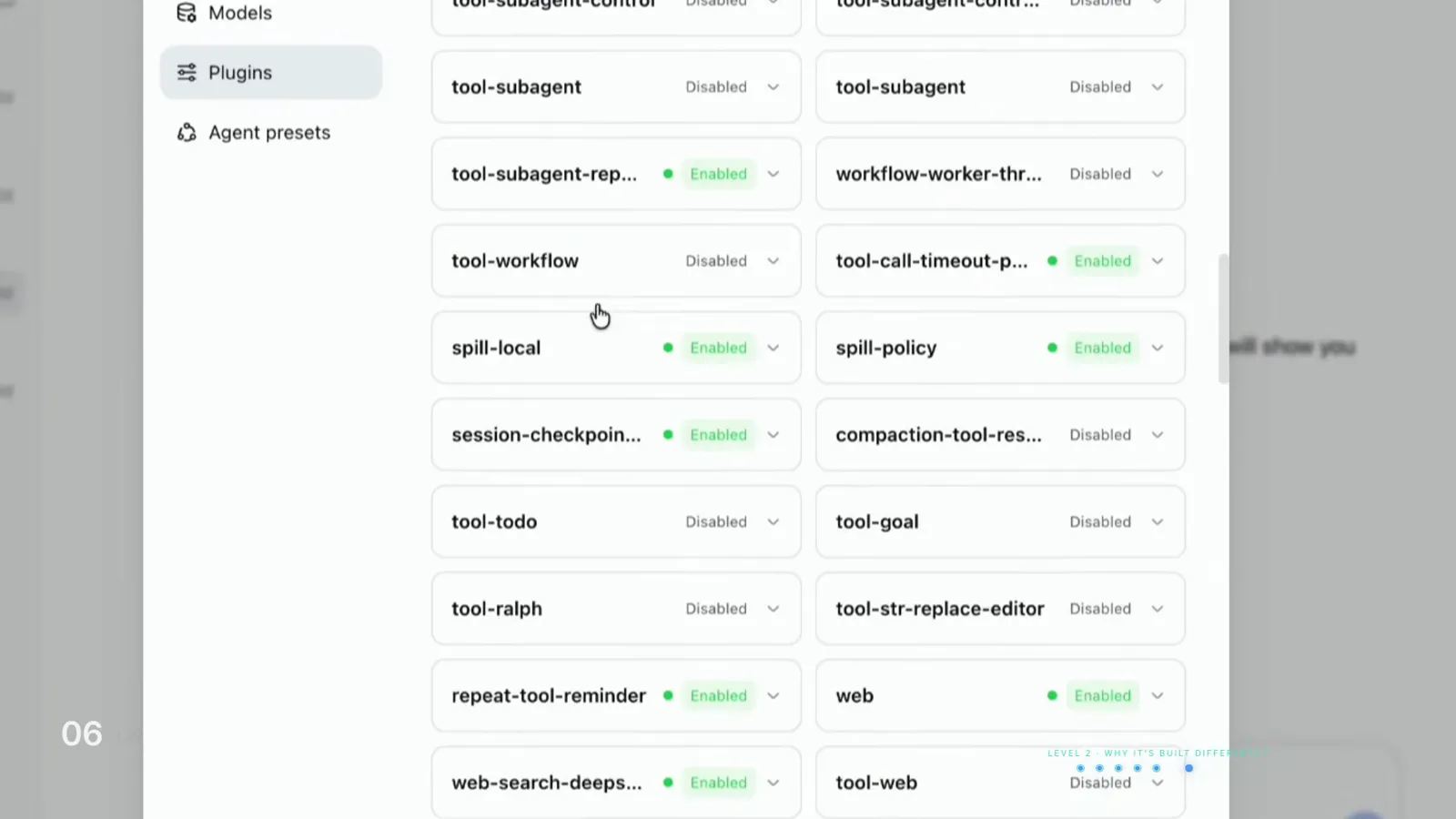 DeepSeek Harness Web UI Settings Plugins panel listing built-in plugins with green Enabled and grey Disabled badges DeepSeek Harness Web UI Settings Plugins panel listing built-in plugins with green Enabled and grey Disabled badges