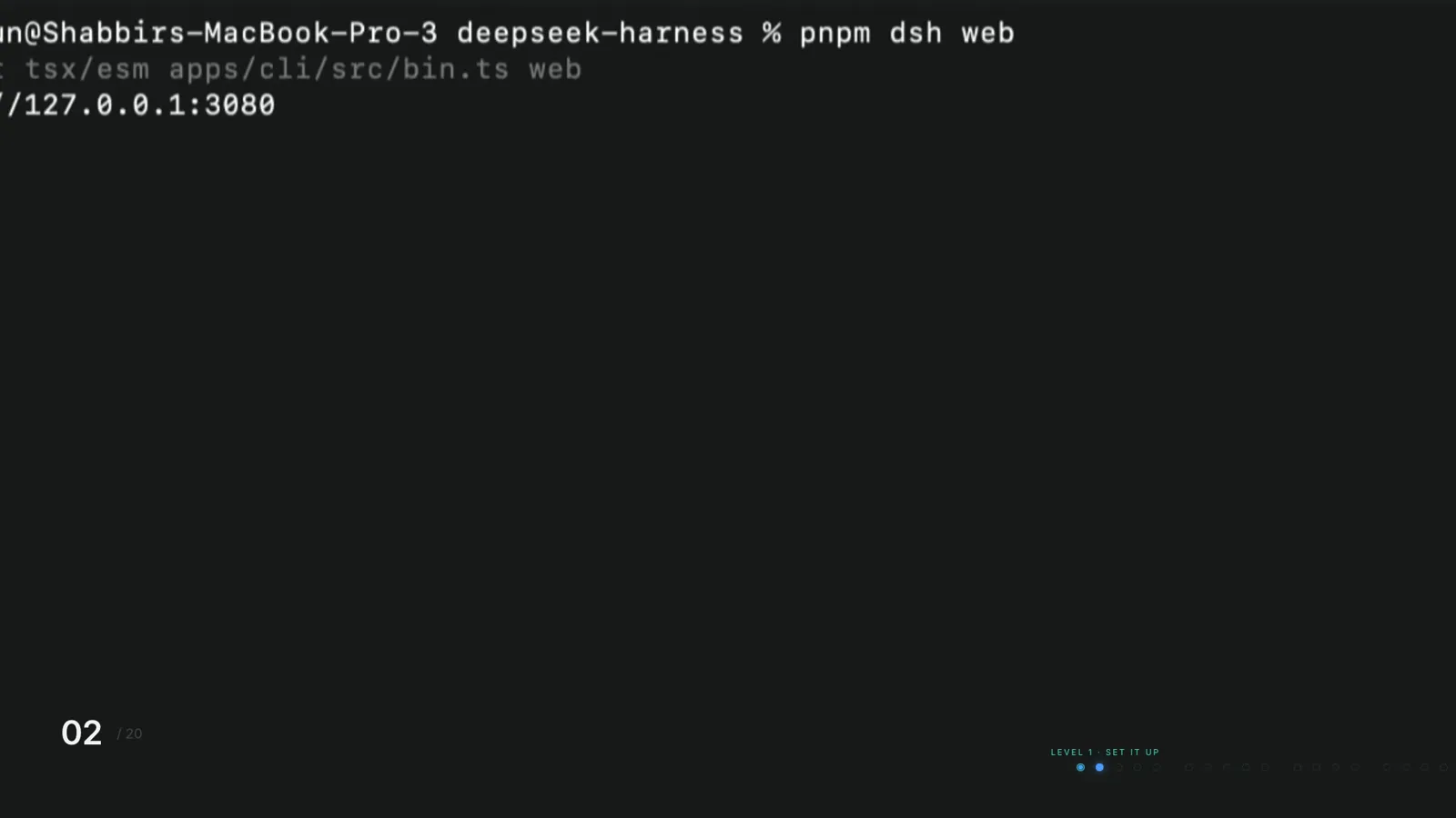 Terminal starting the DeepSeek Harness Web UI with pnpm dsh web and printing the local address 127.0.0.1:3080 Terminal starting the DeepSeek Harness Web UI with pnpm dsh web and printing the local address 127.0.0.1:3080