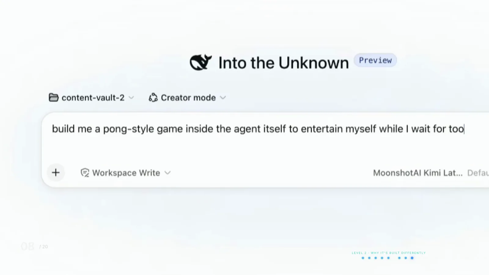 Creator mode and a Workspace Write badge are set on the DeepSeek Harness composer before a pong-style game prompt goes to the content-vault-2 workspace. Creator mode and a Workspace Write badge are set on the DeepSeek Harness composer before a pong-style game prompt goes to the content-vault-2 workspace.