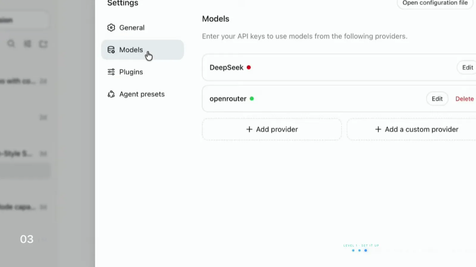 The Settings Models page in DeepSeek Harness marks keyless DeepSeek with a red dot and the connected openrouter provider with a green dot. The Settings Models page in DeepSeek Harness marks keyless DeepSeek with a red dot and the connected openrouter provider with a green dot.