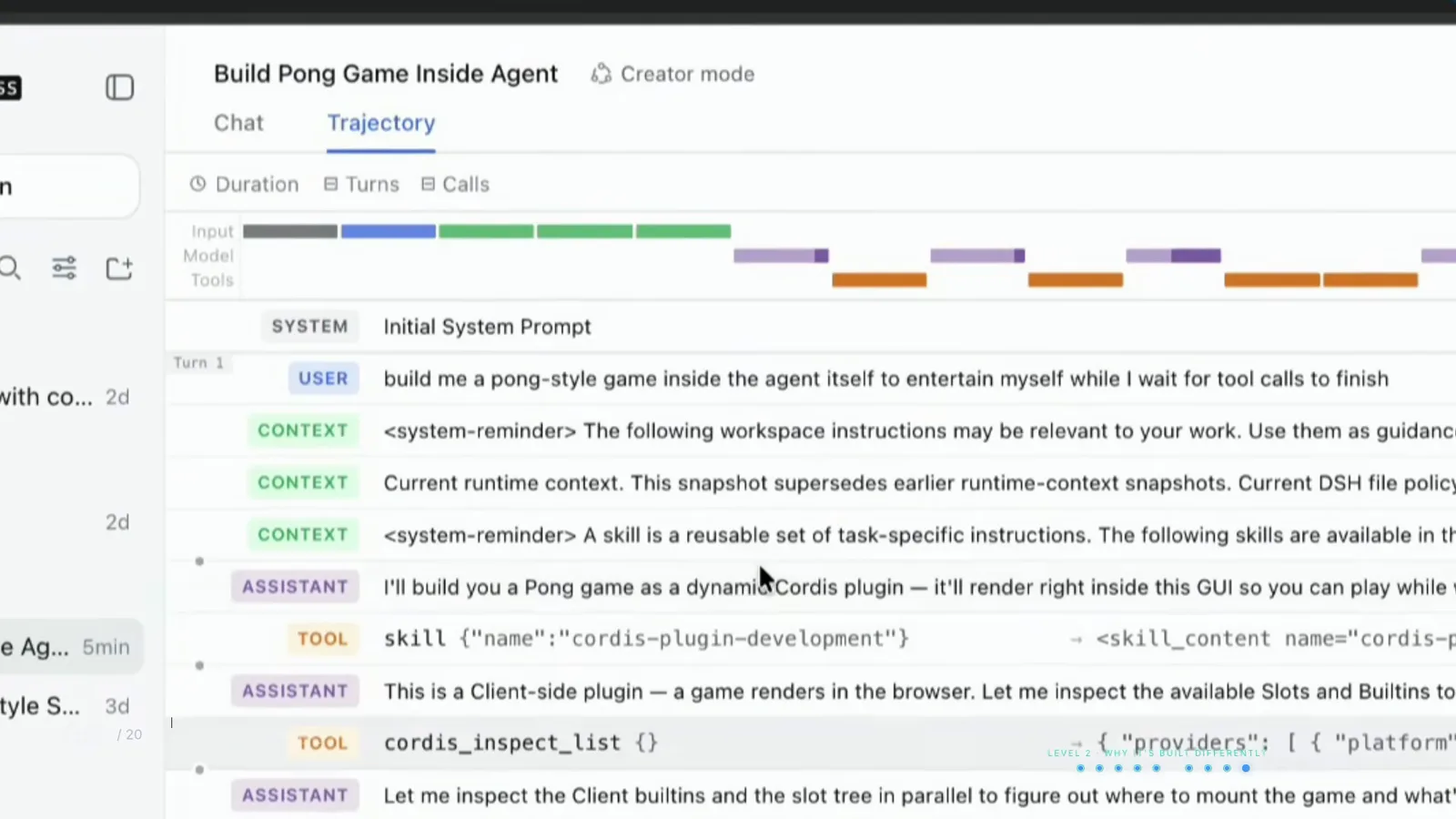 The Trajectory tab of a Build Pong Game Inside Agent session in DeepSeek Harness stacks Input, Model and Tools bars over SYSTEM, USER, CONTEXT, ASSISTANT and TOOL entries. The Trajectory tab of a Build Pong Game Inside Agent session in DeepSeek Harness stacks Input, Model and Tools bars over SYSTEM, USER, CONTEXT, ASSISTANT and TOOL entries.