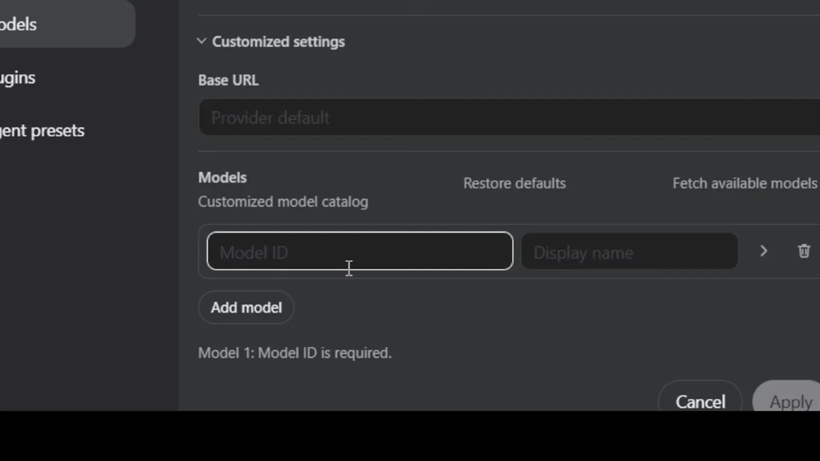 Customized model catalog in DeepSeek Harness with empty Model ID and Display name fields, an Add model button and the Model 1: Model ID is required validation message