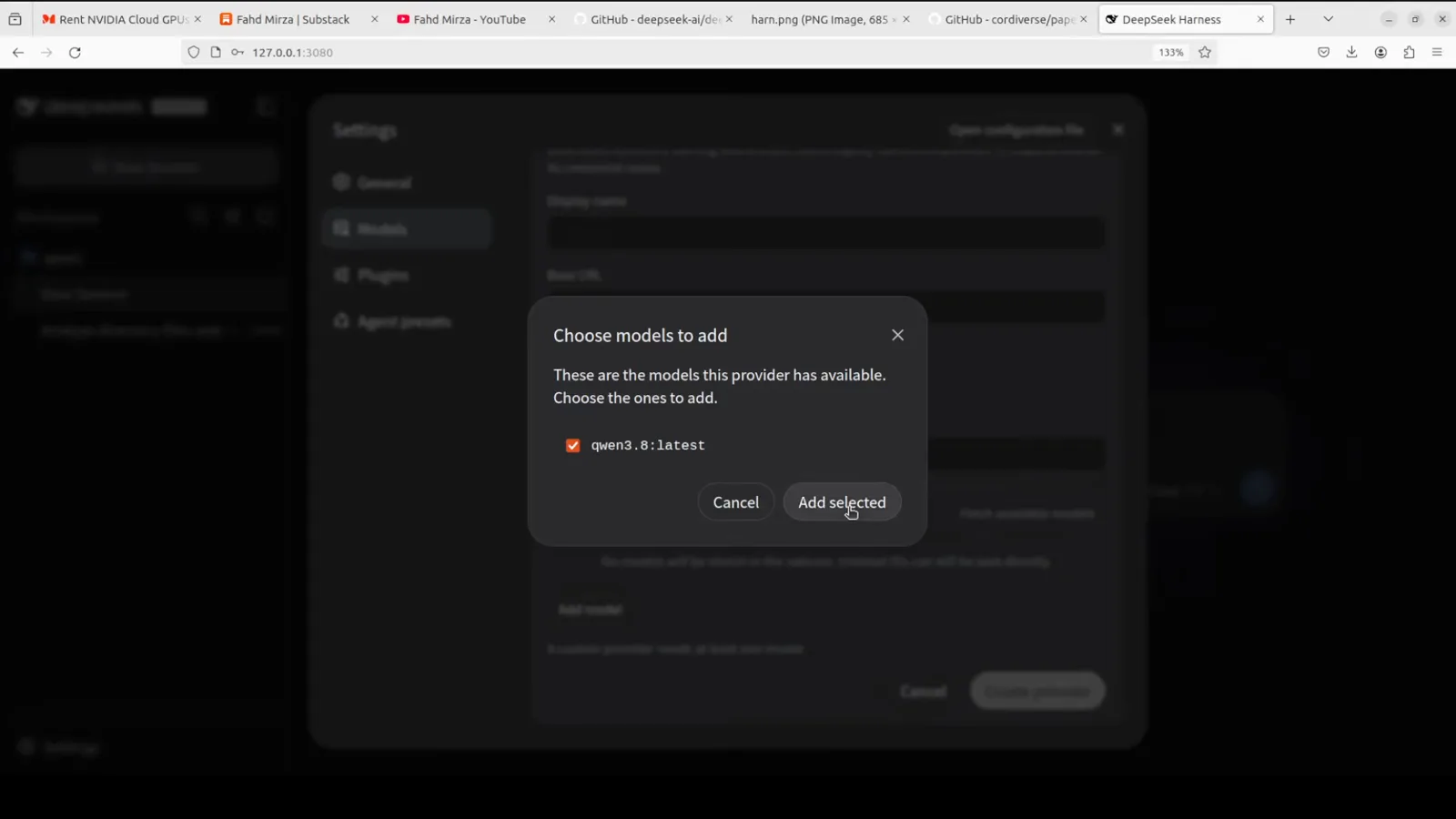 Choose models to add dialog in DeepSeek Harness listing qwen3.8:latest fetched from the local Ollama server with the Add selected button highlighted