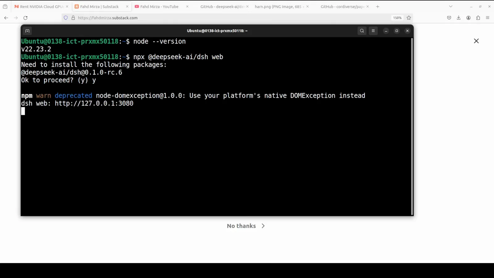 Terminal output showing dsh web: http://127.0.0.1:3080 after npx installs the DeepSeek Harness package