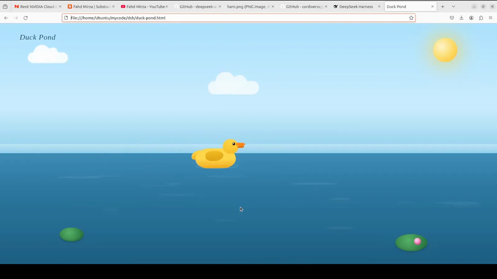 Duck Pond web page generated by a local Qwen model in DeepSeek Harness showing an animated rubber duck floating on gradient water